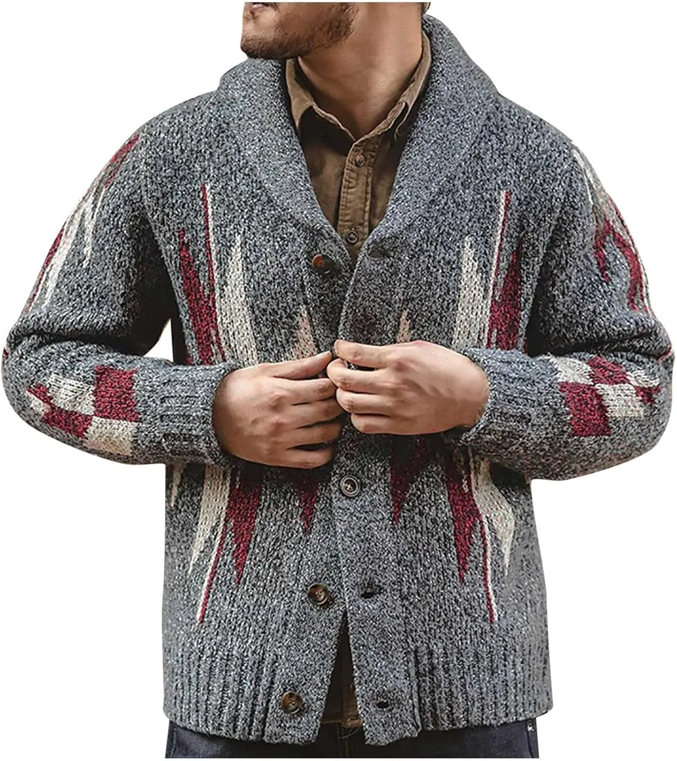 Knit Sweater for Men V Neck Button Down Cardigan Sweater Big and Tall Winter Sweaters Shawl Collar Knit Cardigan