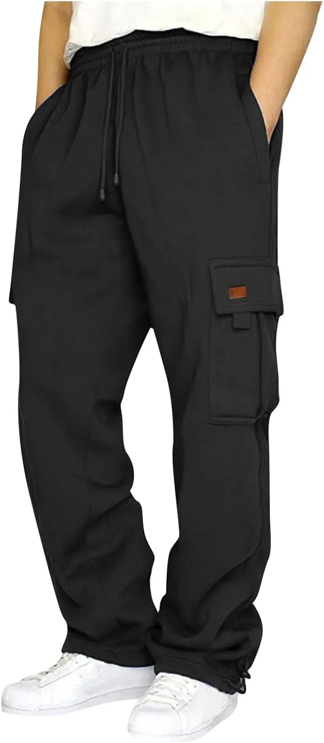KUIOLYPOER Men's Cargo Sweatpants Drawstring Multi-Pocket Solid Casual Athletic Pants Baggy Straight Elastic Waist Joggers