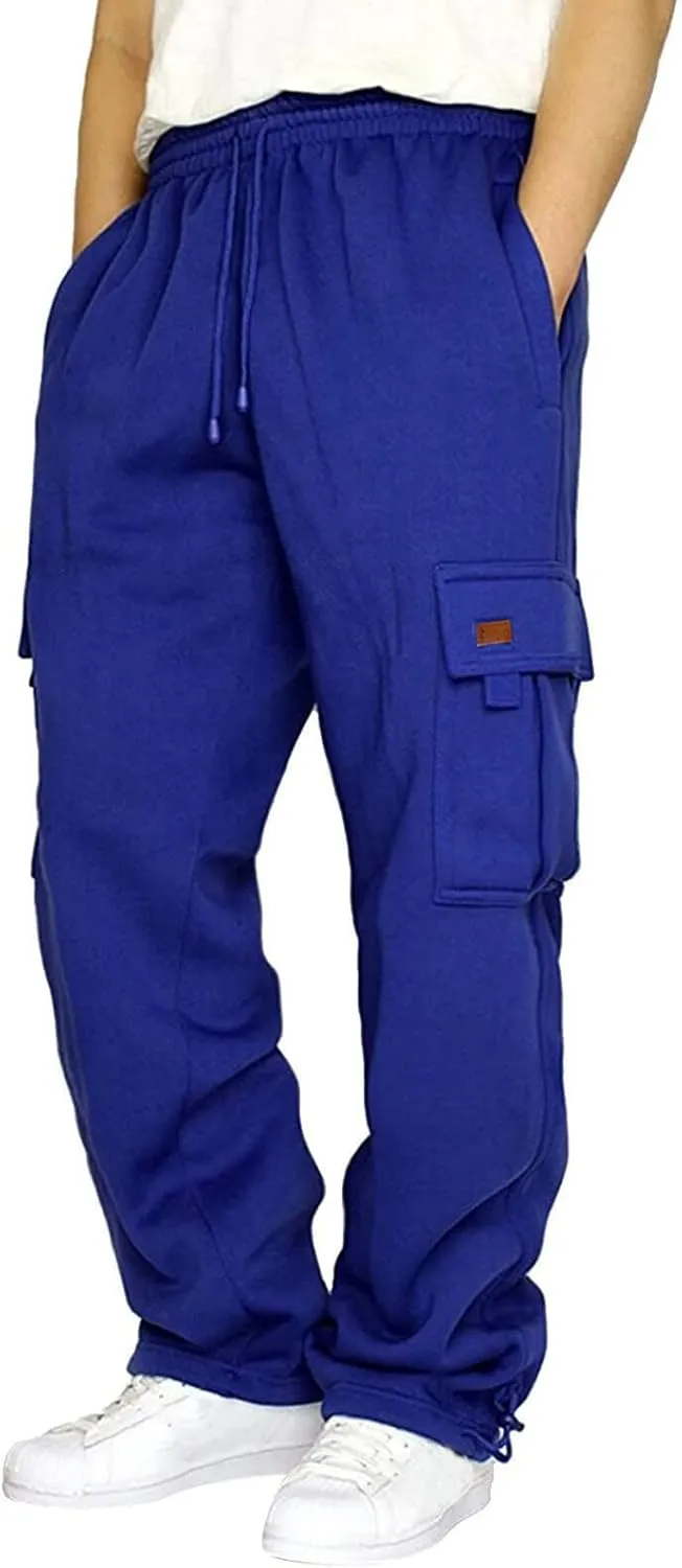 KUIOLYPOER Men's Cargo Sweatpants Drawstring Multi-Pocket Solid Casual Athletic Pants Baggy Straight Elastic Waist Joggers