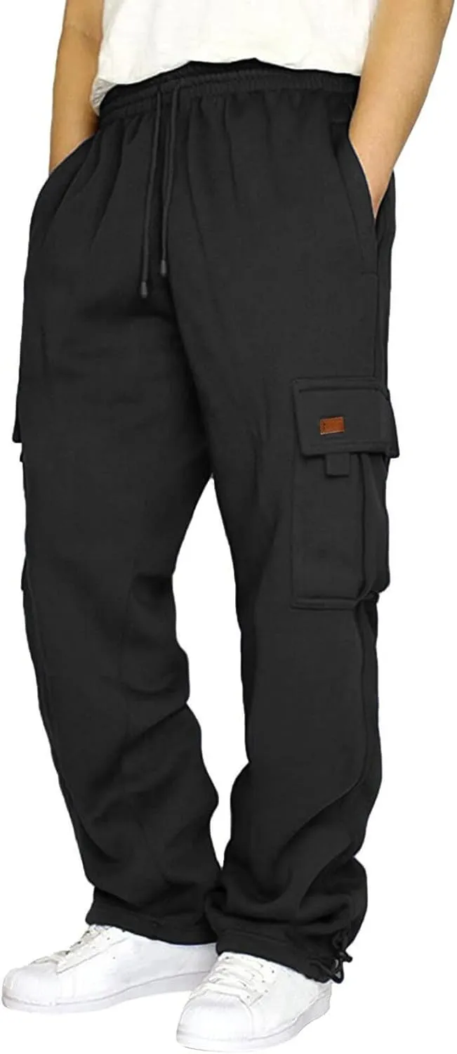 KUIOLYPOER Men's Cargo Sweatpants Drawstring Multi-Pocket Solid Casual Athletic Pants Baggy Straight Elastic Waist Joggers