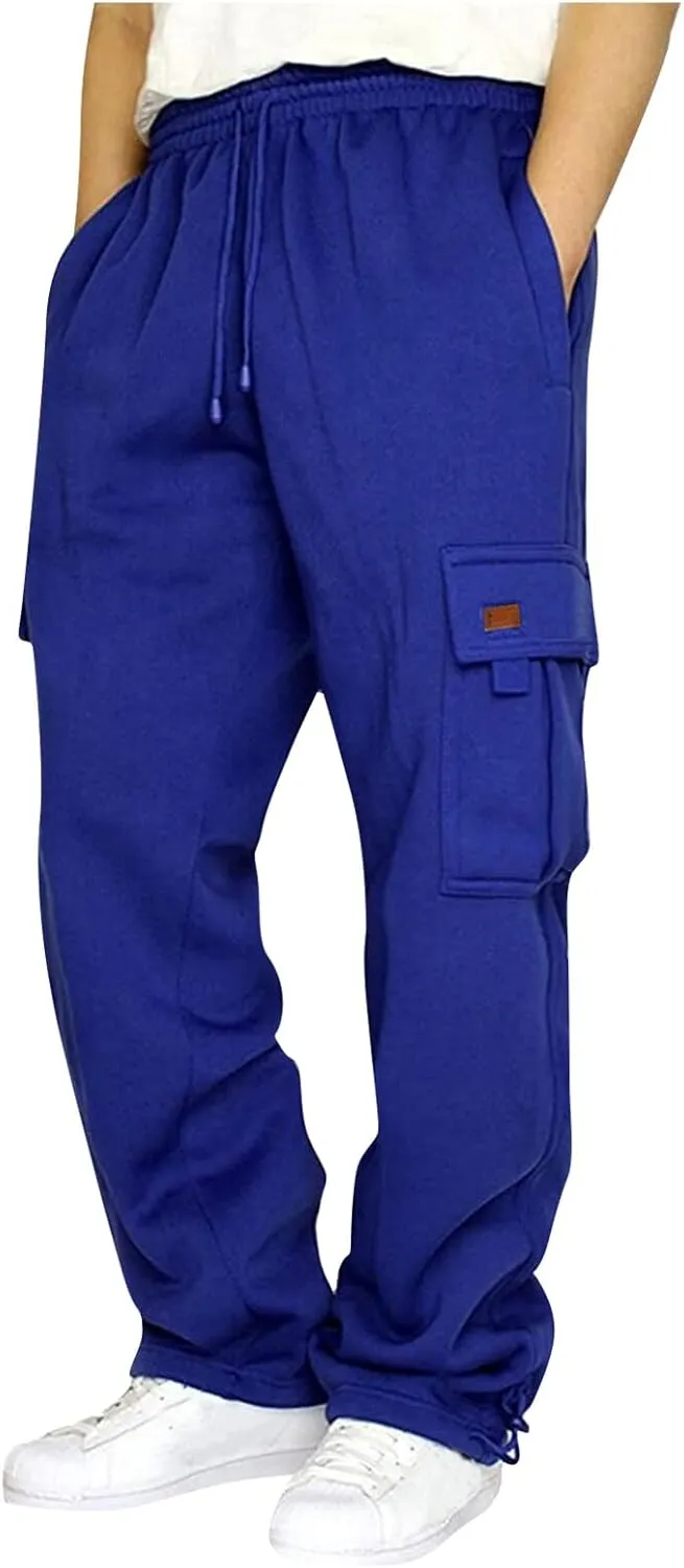 KUIOLYPOER Men's Cargo Sweatpants Drawstring Multi-Pocket Solid Casual Athletic Pants Baggy Straight Elastic Waist Joggers