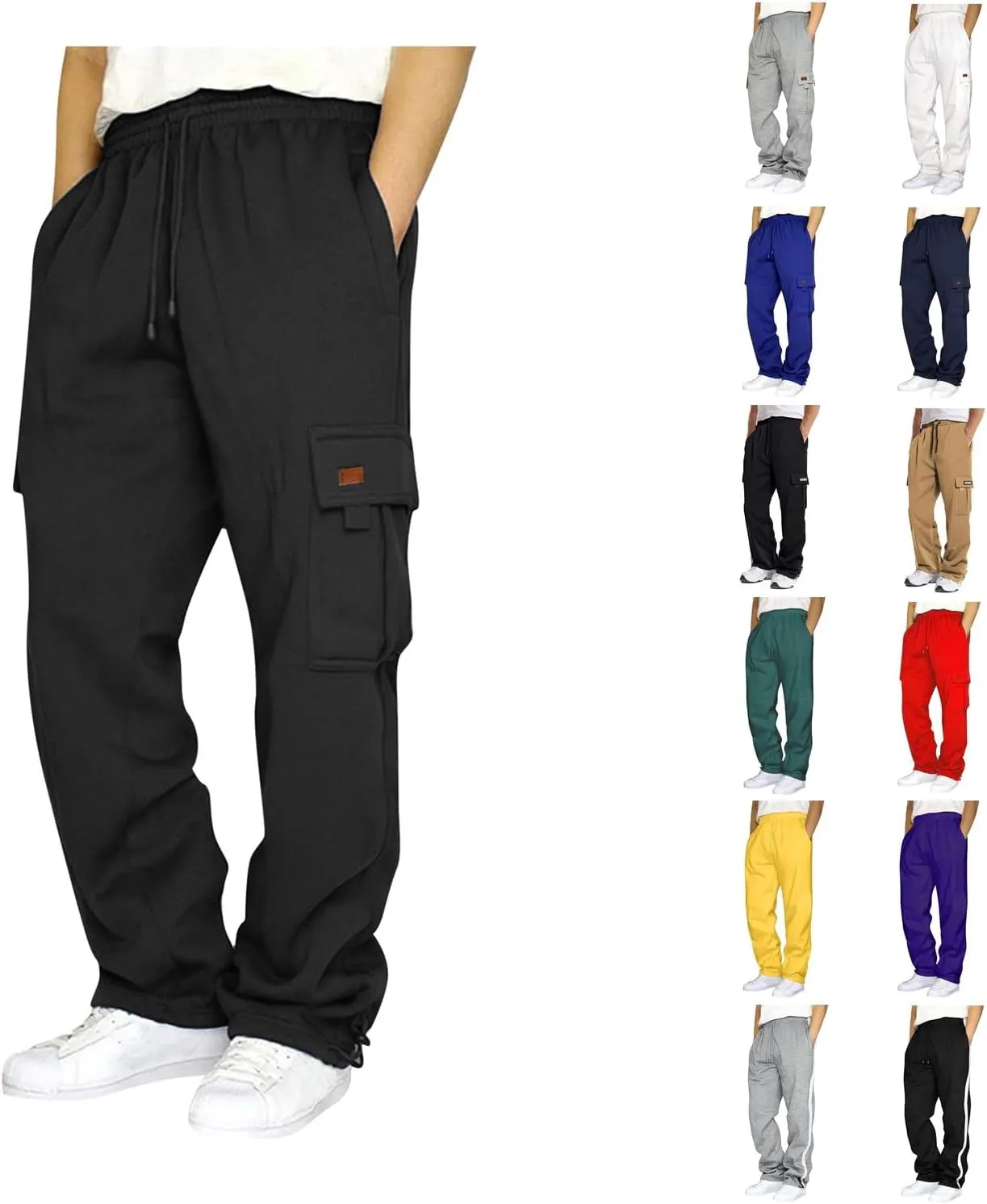 KUIOLYPOER Men's Cargo Sweatpants Drawstring Multi-Pocket Solid Casual Athletic Pants Baggy Straight Elastic Waist Joggers