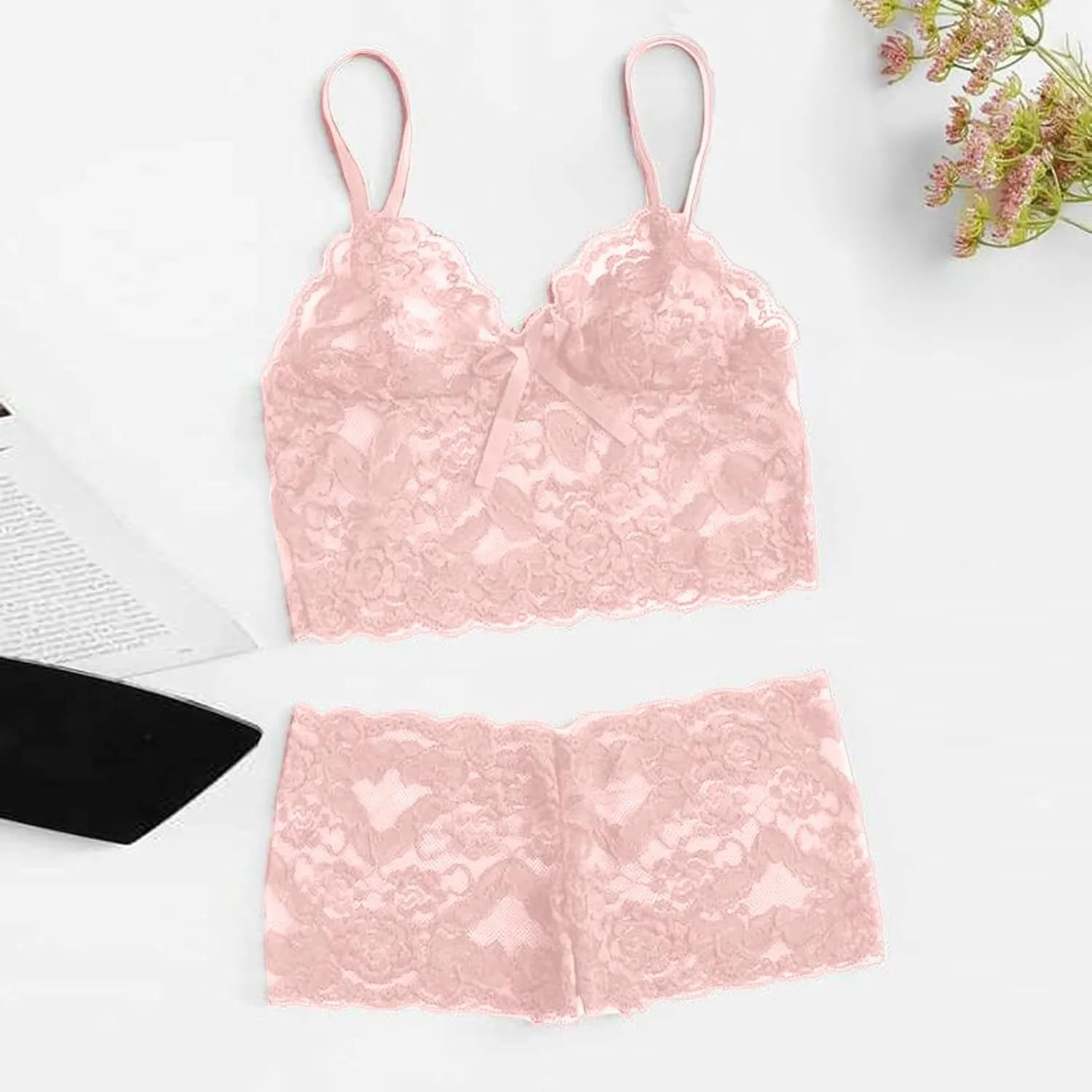 Lace Bralettes 2 Pieces Sets for WomenEmbroidery Spaghetti Strap Crop Top and Panty SetPajamas Sets Sleepwear