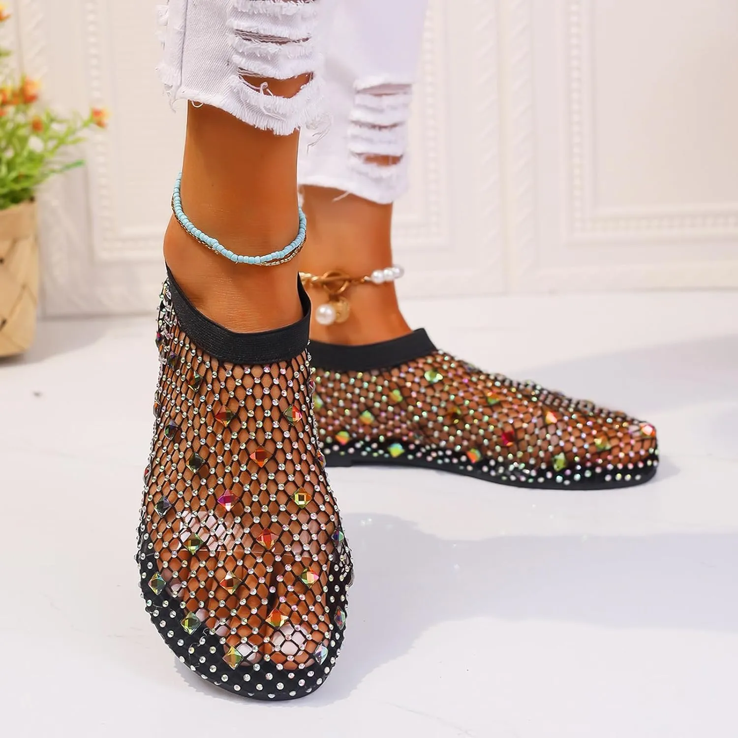 Ladies Breathable Hollow Mesh Breathable Rhinestone Decoration Flat Large Size Casual Womens Casual Shoes