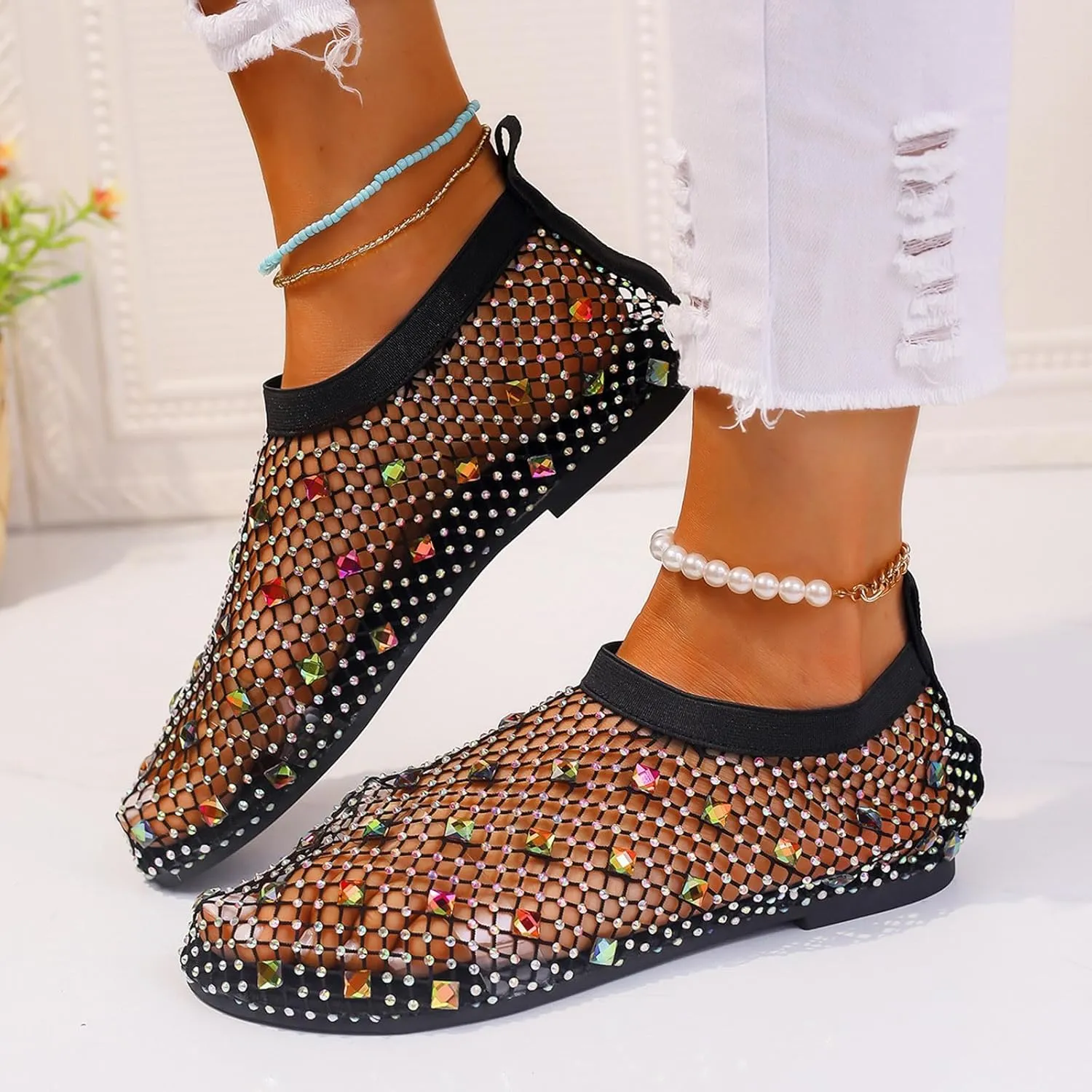 Ladies Breathable Hollow Mesh Breathable Rhinestone Decoration Flat Large Size Casual Womens Casual Shoes