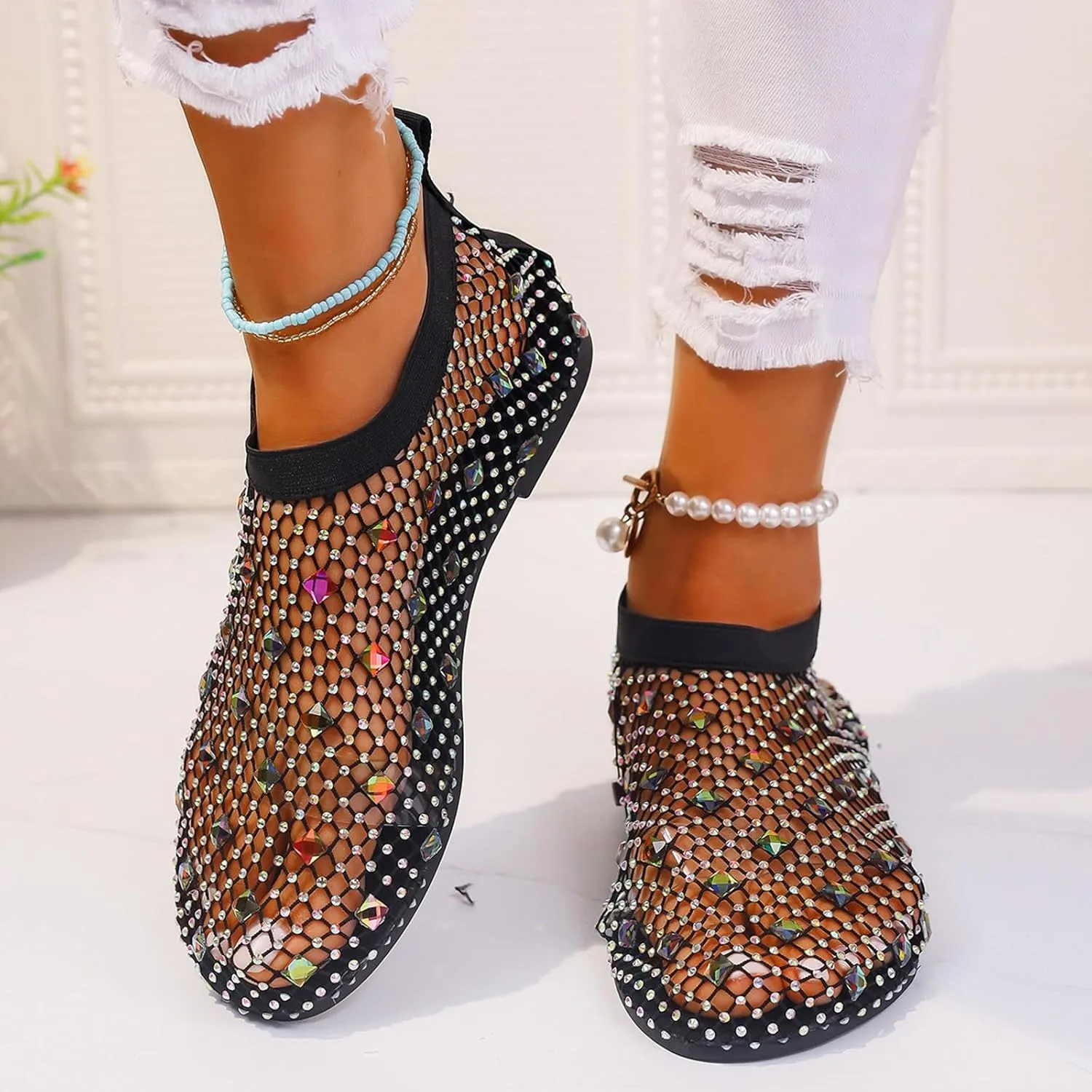Ladies Breathable Hollow Mesh Breathable Rhinestone Decoration Flat Large Size Casual Womens Casual Shoes