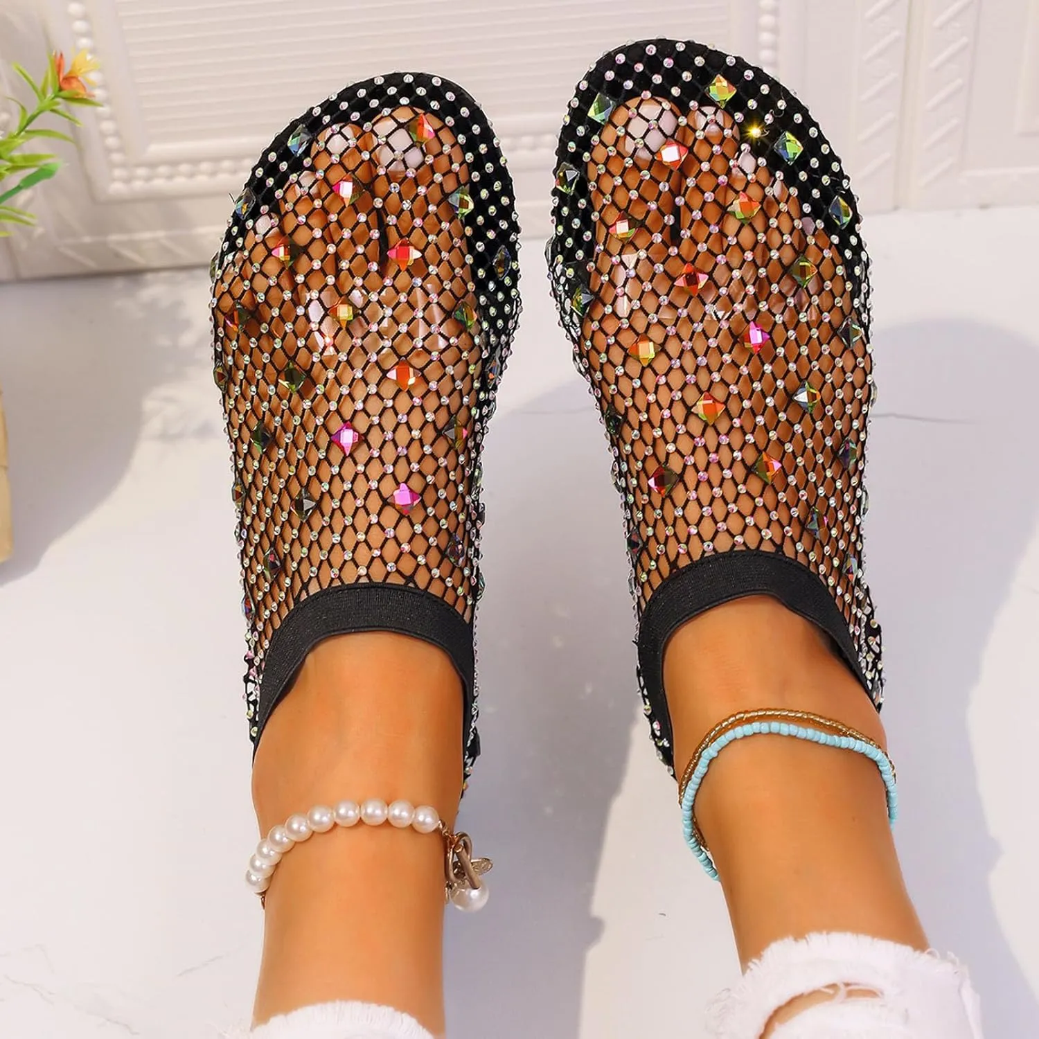 Ladies Breathable Hollow Mesh Breathable Rhinestone Decoration Flat Large Size Casual Womens Casual Shoes