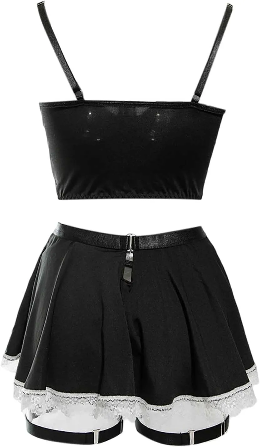 Lingerie for Women Sexy Schoolgirl Costume 0utfit Lingerie Set Student Cosplay Roleplay with Top and Mini Overall Skirt
