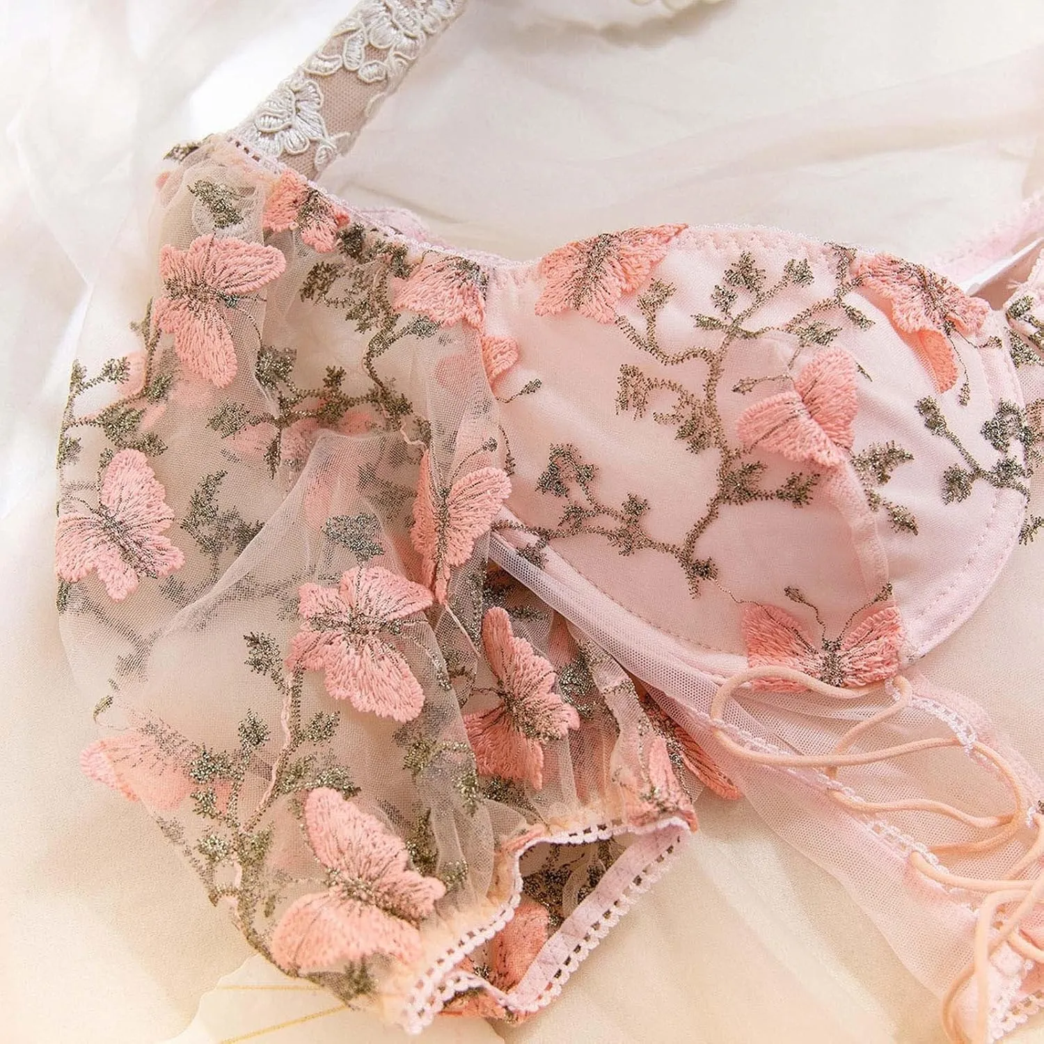 Lingerie Sets for Women 2 Piece Floral Embroidery Push Up Underwire Bralette Top and High Cut Mesh Sheer Panty Outfits