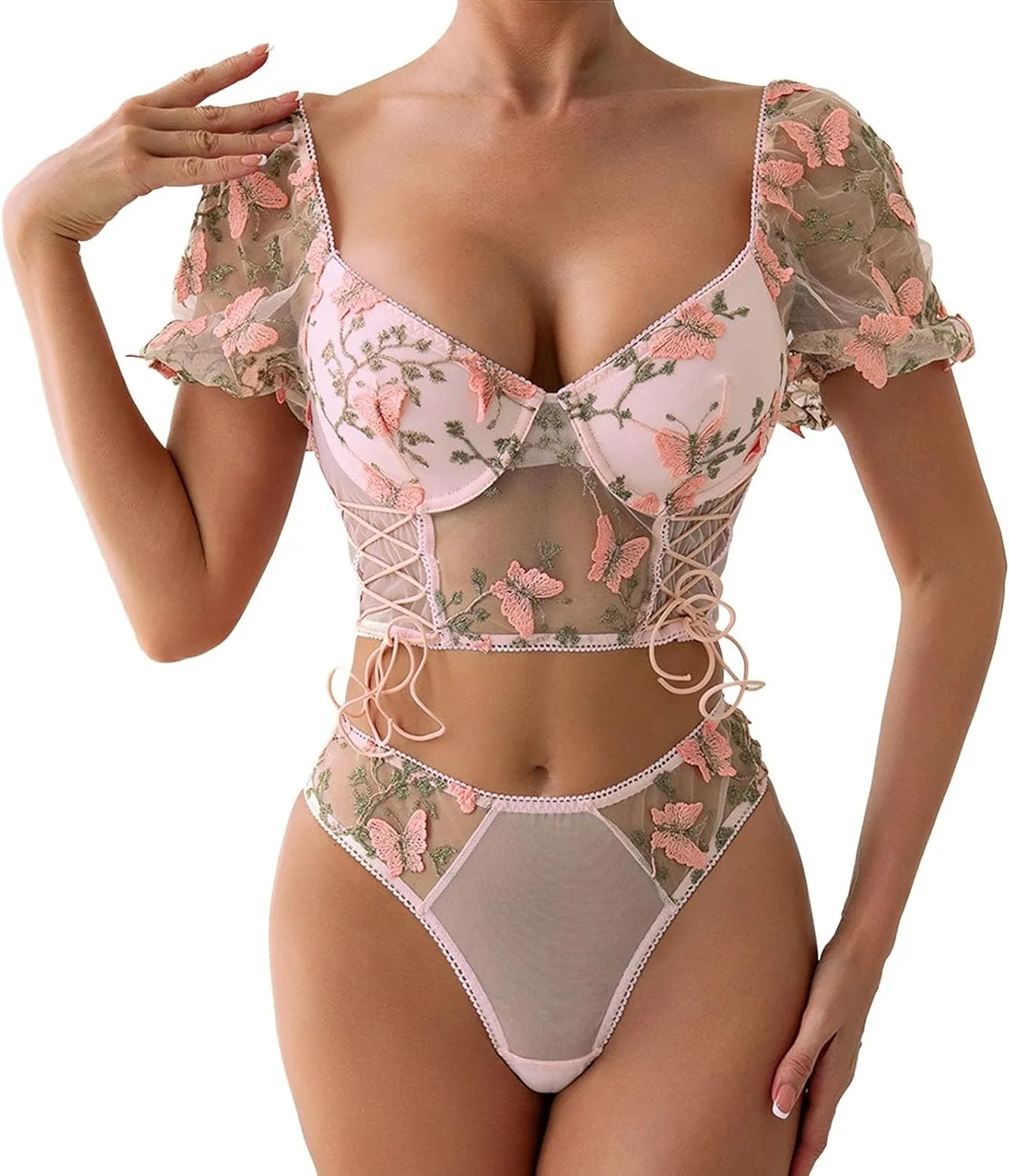 Lingerie Sets for Women 2 Piece Floral Embroidery Push Up Underwire Bralette Top and High Cut Mesh Sheer Panty Outfits