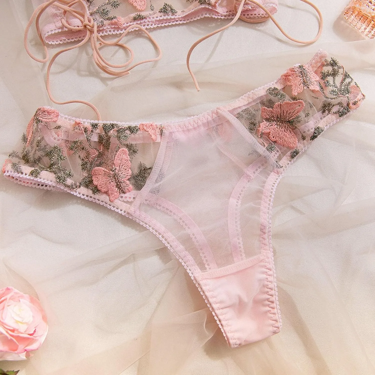 Lingerie Sets for Women 2 Piece Floral Embroidery Push Up Underwire Bralette Top and High Cut Mesh Sheer Panty Outfits