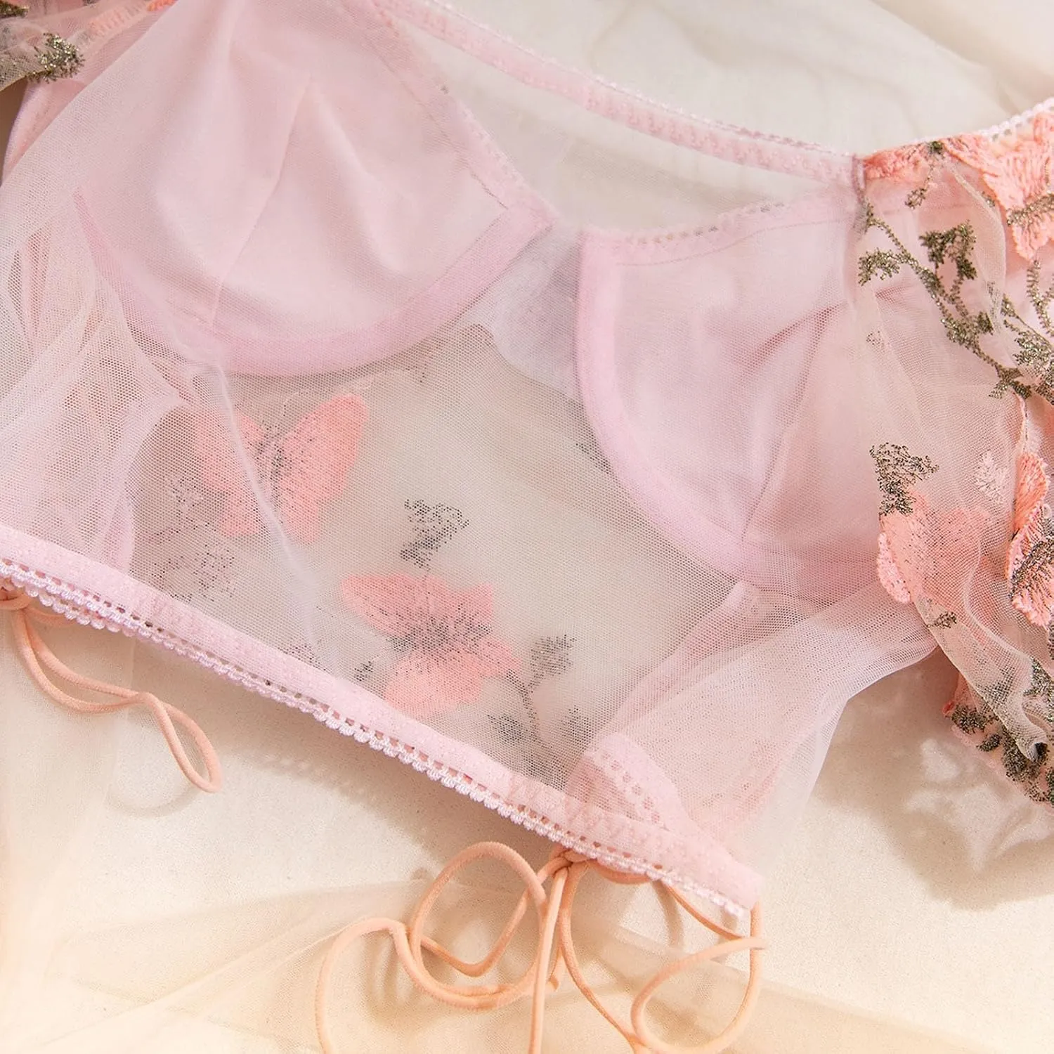 Lingerie Sets for Women 2 Piece Floral Embroidery Push Up Underwire Bralette Top and High Cut Mesh Sheer Panty Outfits