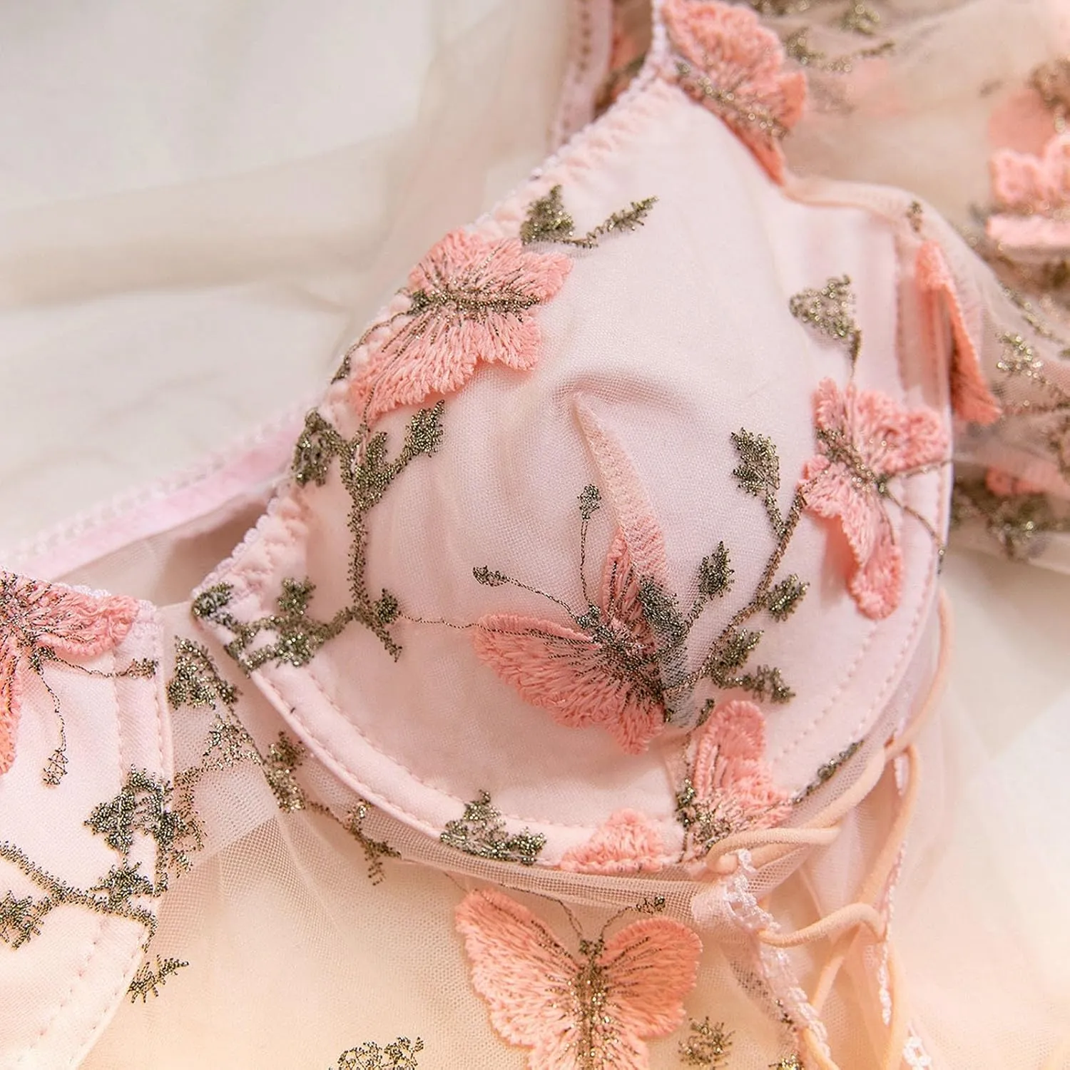 Lingerie Sets for Women 2 Piece Floral Embroidery Push Up Underwire Bralette Top and High Cut Mesh Sheer Panty Outfits