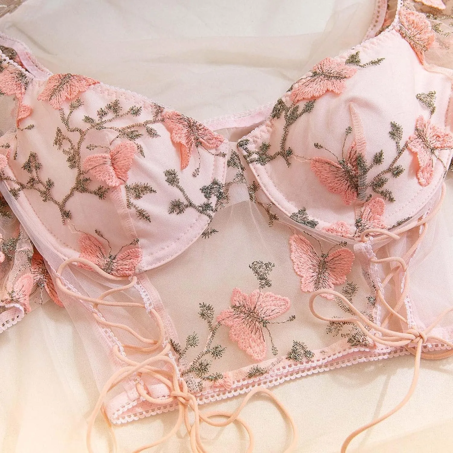 Lingerie Sets for Women 2 Piece Floral Embroidery Push Up Underwire Bralette Top and High Cut Mesh Sheer Panty Outfits