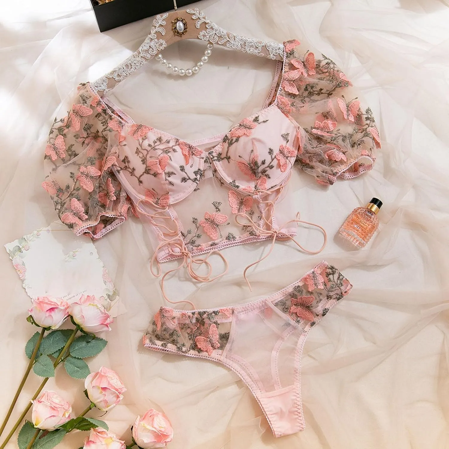 Lingerie Sets for Women 2 Piece Floral Embroidery Push Up Underwire Bralette Top and High Cut Mesh Sheer Panty Outfits