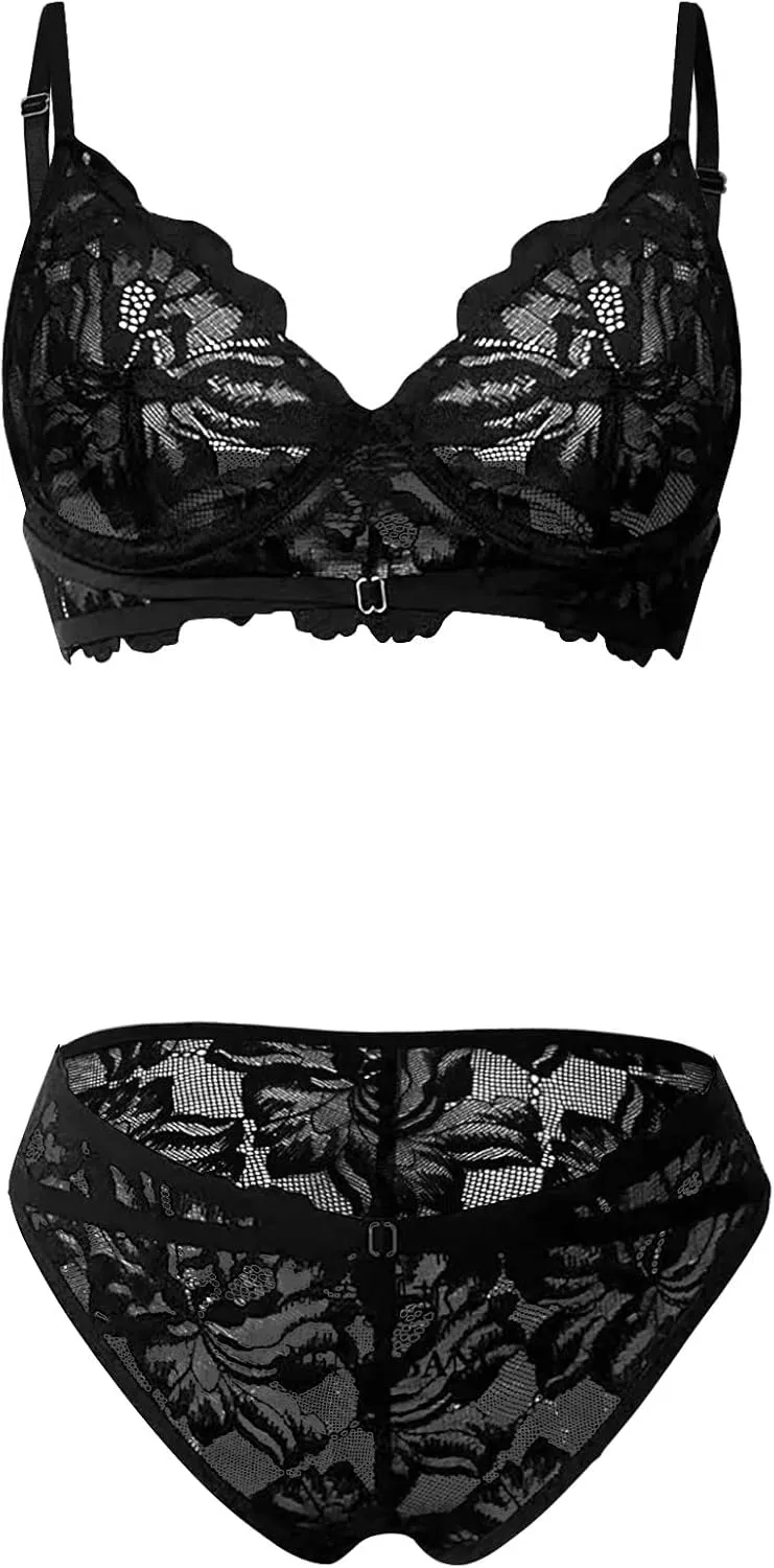 Lingerie Sets for Women Sexy Naughty 2 Piece Seamless Lace Matching Half Cup Bra and Panty Set Underwear Bralette Sets