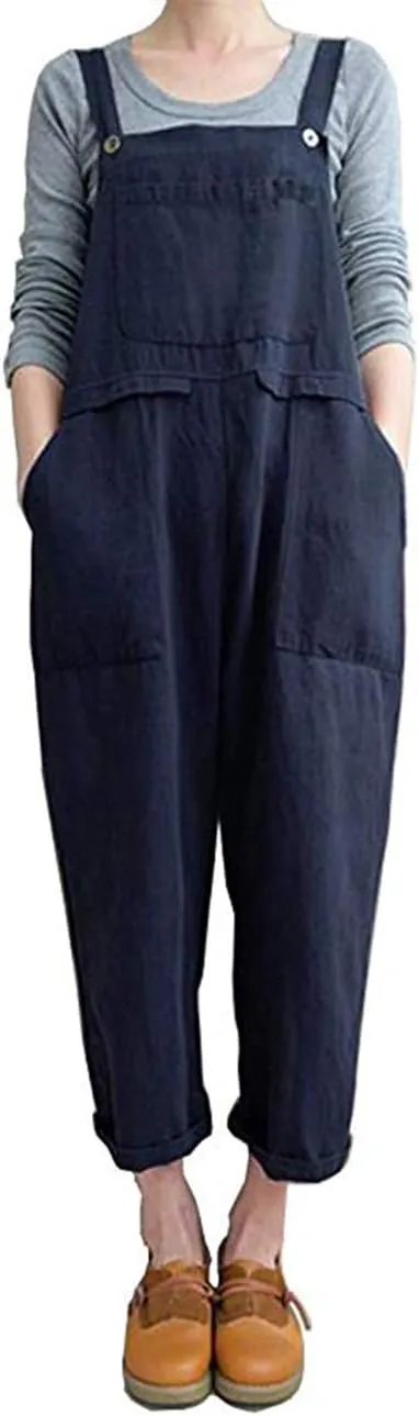 Lncropo Women's Baggy Linen Overalls Jumpsuit Loose Rompers Wide Leg Casual Pants with Pockets