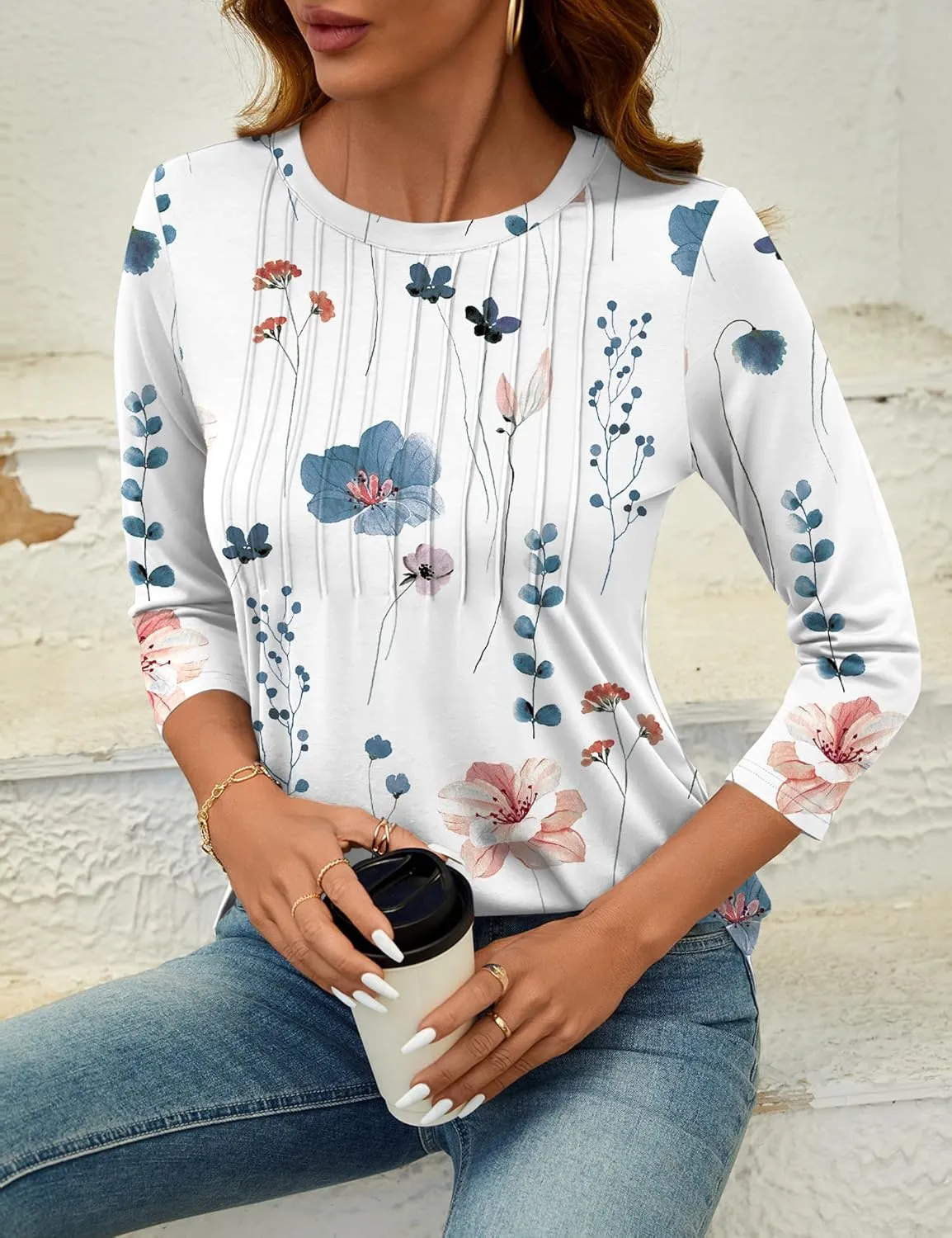LOMON Women's 3/4 Length Sleeve Tops Crew Neck Dressy Casual Blouses Summer Tees Shirts