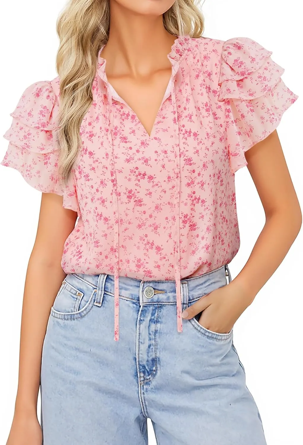 Lotusmile Summer Chiffon Dressy Casual Blouses Elegant Ruffle Short Sleeve Work Tops for Women Trendy