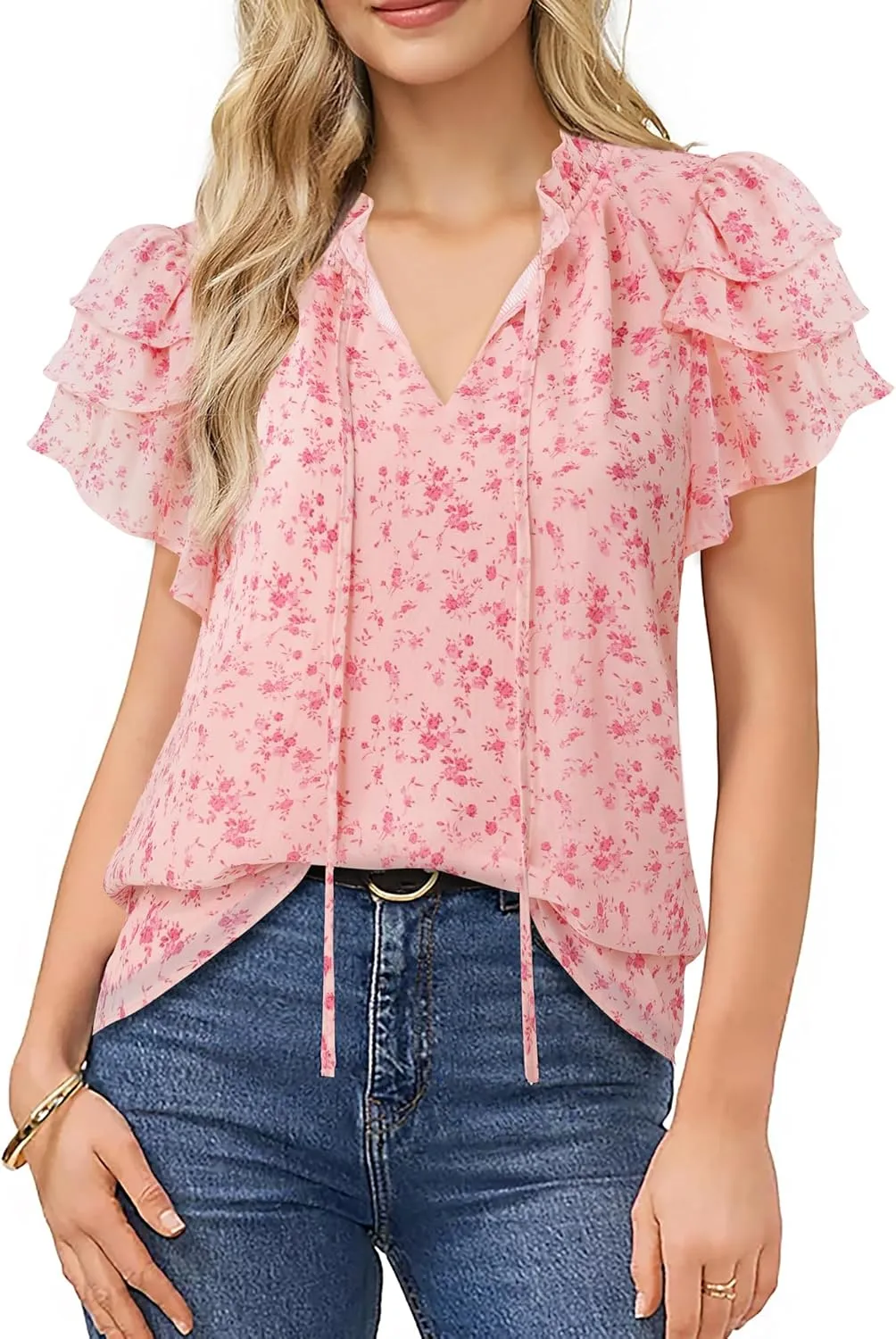 Lotusmile Summer Chiffon Dressy Casual Blouses Elegant Ruffle Short Sleeve Work Tops for Women Trendy
