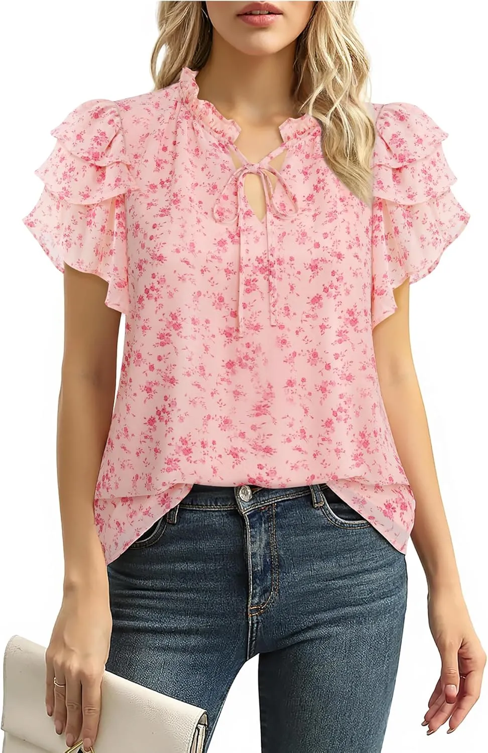 Lotusmile Summer Chiffon Dressy Casual Blouses Elegant Ruffle Short Sleeve Work Tops for Women Trendy
