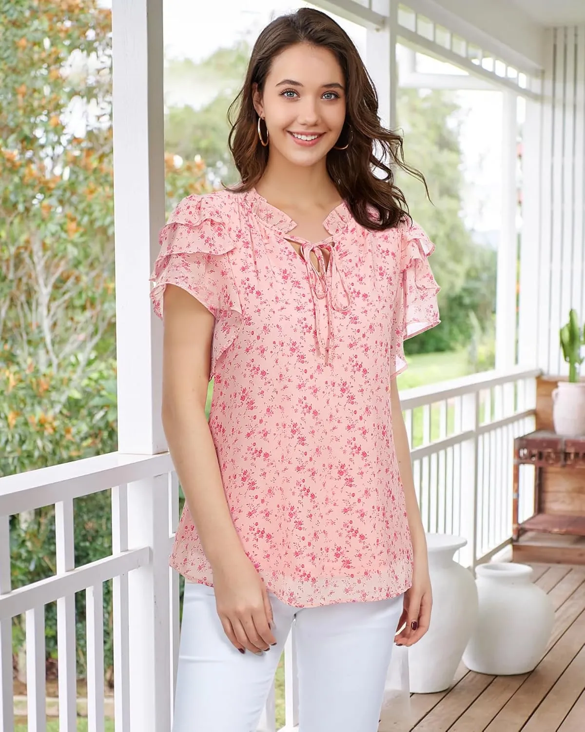 Lotusmile Summer Chiffon Dressy Casual Blouses Elegant Ruffle Short Sleeve Work Tops for Women Trendy