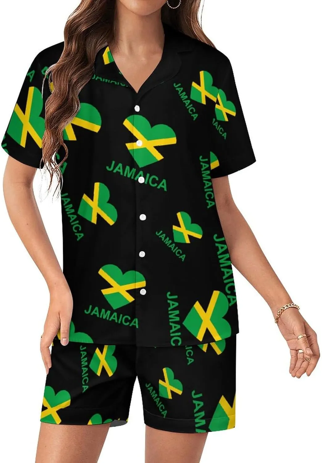 Love Jamaica Womens Silk Satin Pajamas Set Short Sleeve Button-Down Sleepwear Loungewear Pj Set