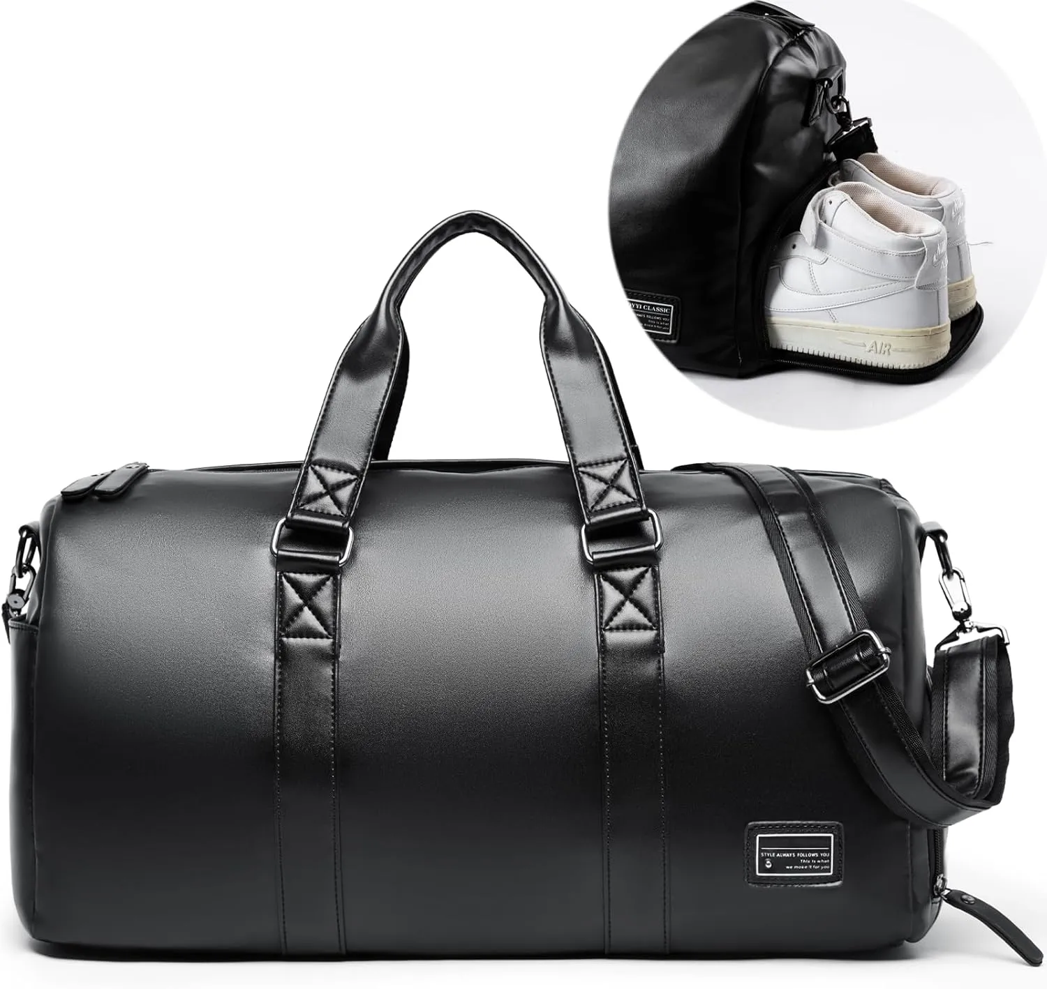 MATE ELAN Black Leather Duffle Travel Gym Bag Men's leather Bag with Shoe Compartment, Black, Large Upgrade A, Black Leather Weekender Travel Gym Duffle Bag