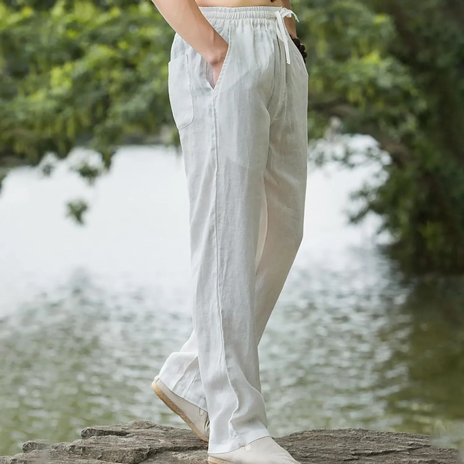 Men Casual Linen Pants Drawstring Elastic Waist Lightweight Trousers Casual Straight Leg Yoga Summer Beach Pants with Pockets