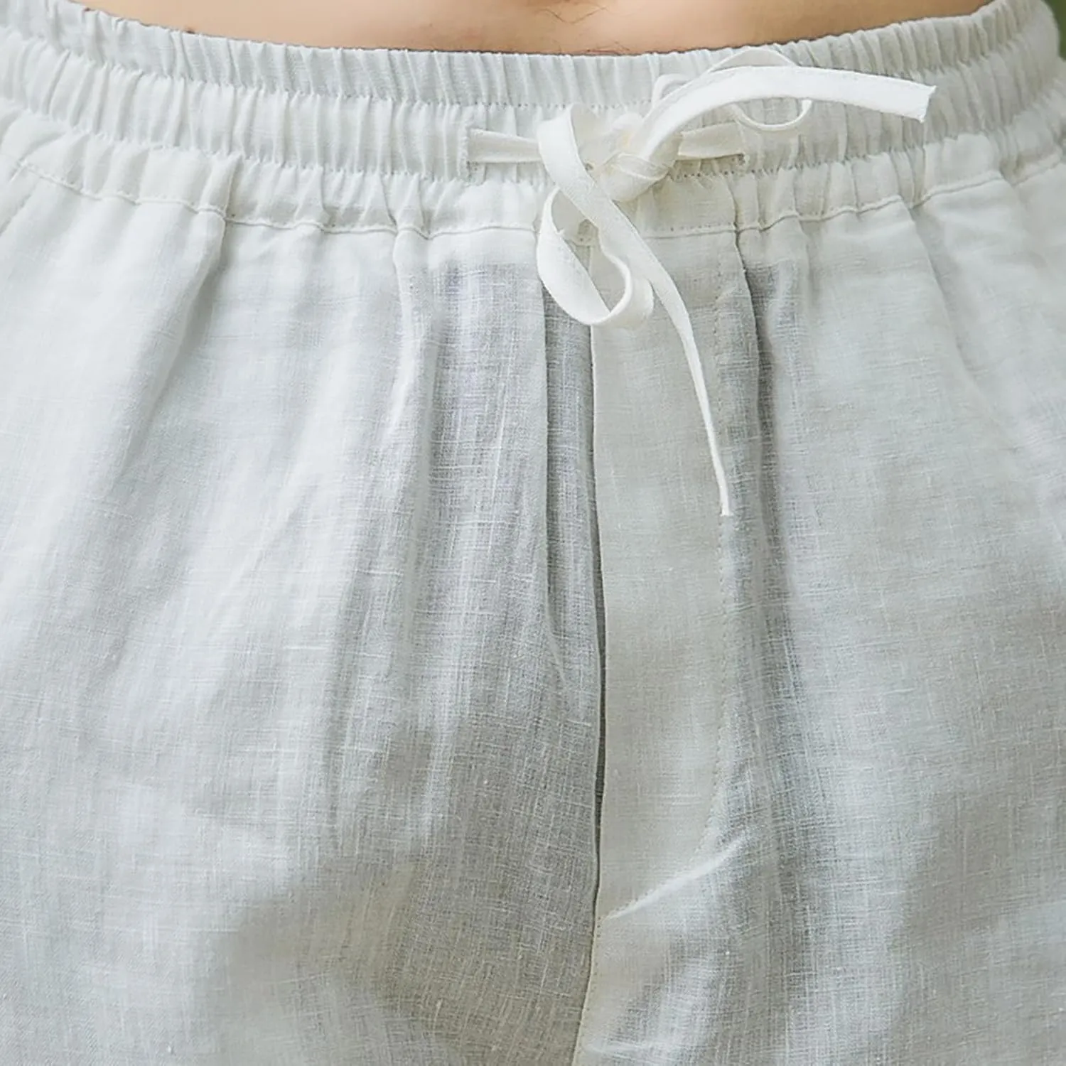 Men Casual Linen Pants Drawstring Elastic Waist Lightweight Trousers Casual Straight Leg Yoga Summer Beach Pants with Pockets
