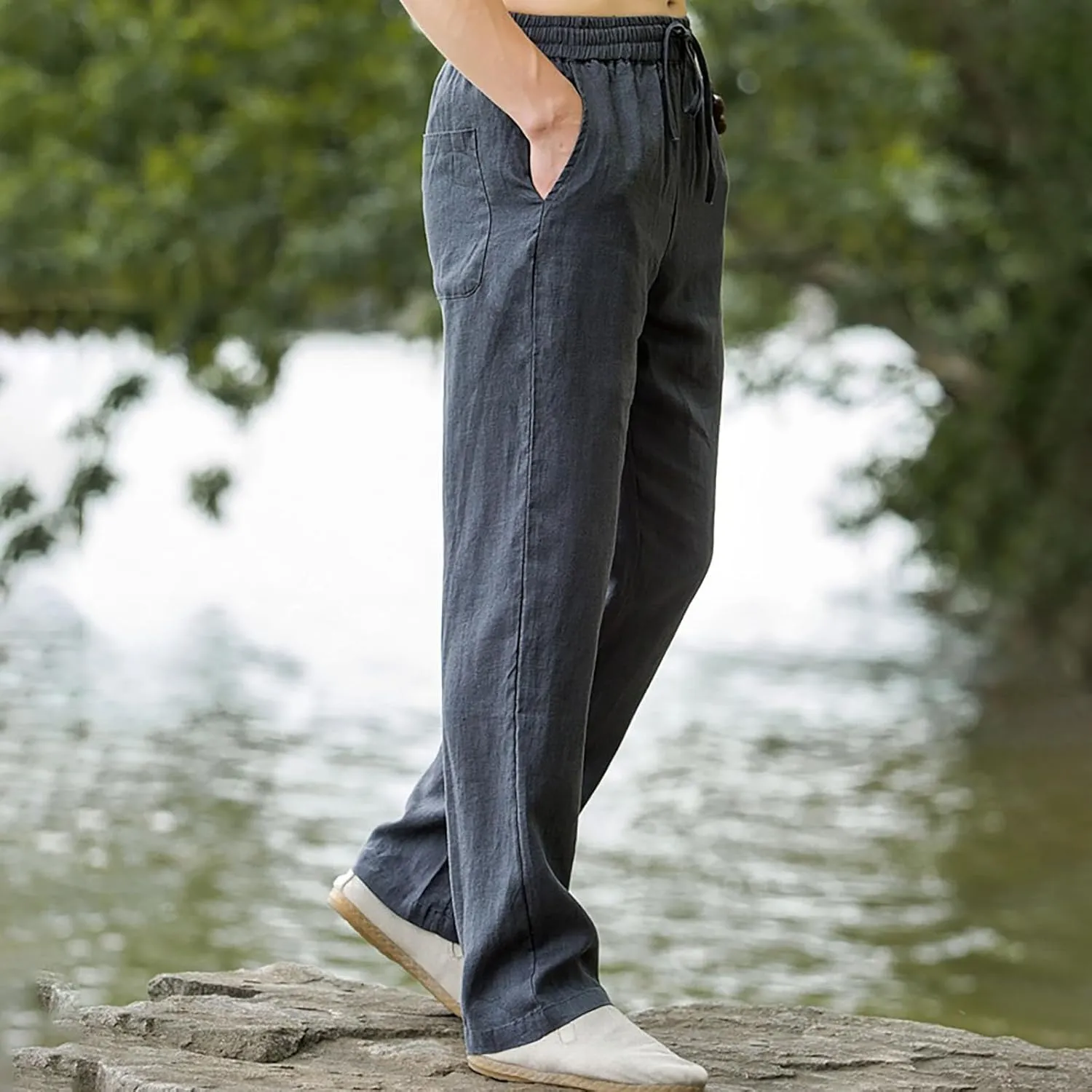 Men Casual Linen Pants Drawstring Elastic Waist Lightweight Trousers Casual Straight Leg Yoga Summer Beach Pants with Pockets
