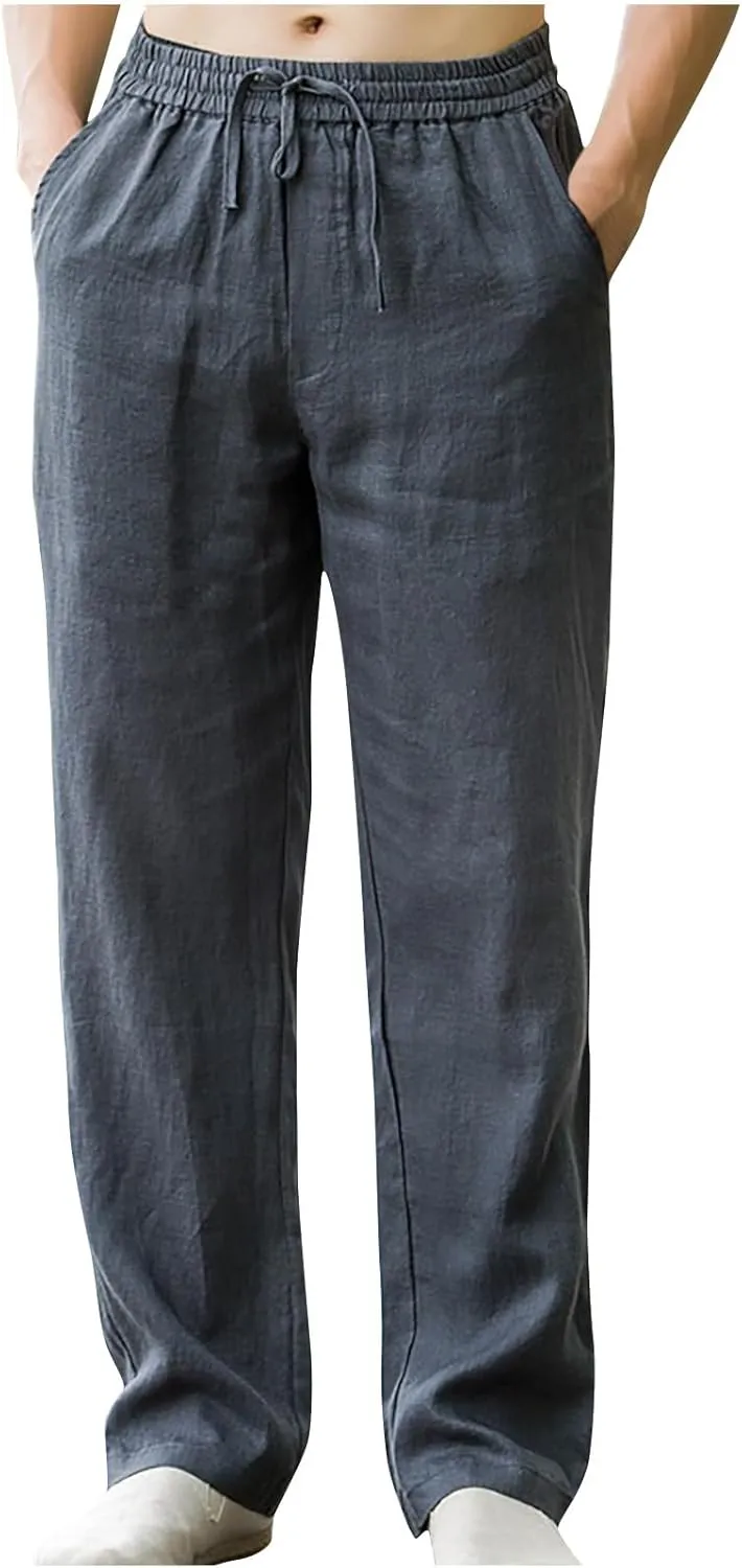 Men Casual Linen Pants Drawstring Elastic Waist Lightweight Trousers Casual Straight Leg Yoga Summer Beach Pants with Pockets