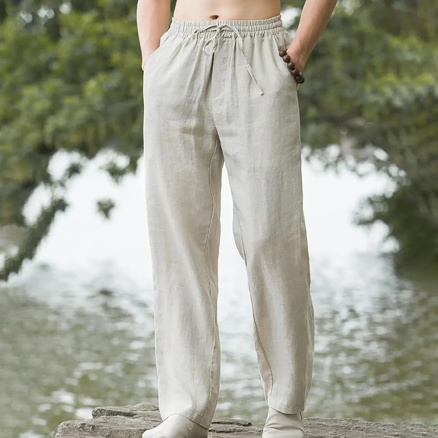 Men Casual Linen Pants Drawstring Elastic Waist Lightweight Trousers Casual Straight Leg Yoga Summer Beach Pants with Pockets
