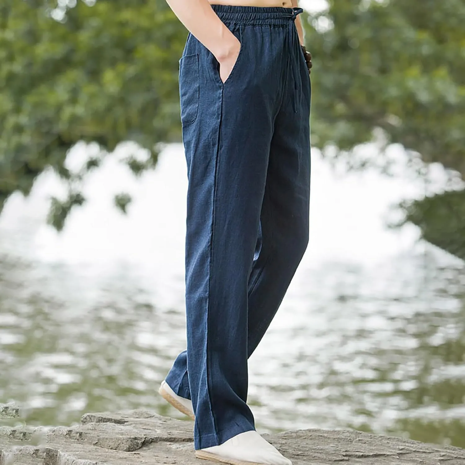 Men Casual Linen Pants Drawstring Elastic Waist Lightweight Trousers Casual Straight Leg Yoga Summer Beach Pants with Pockets