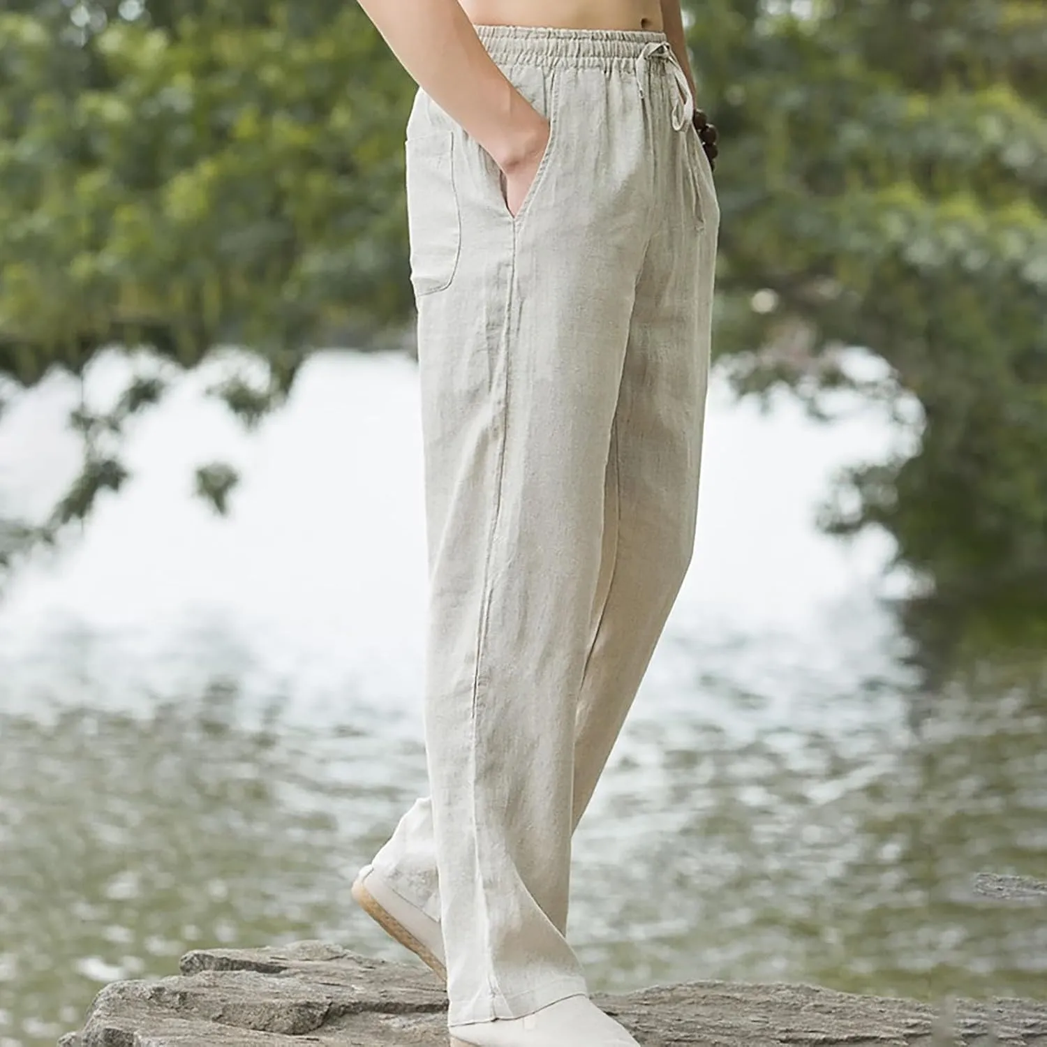 Men Casual Linen Pants Drawstring Elastic Waist Lightweight Trousers Casual Straight Leg Yoga Summer Beach Pants with Pockets