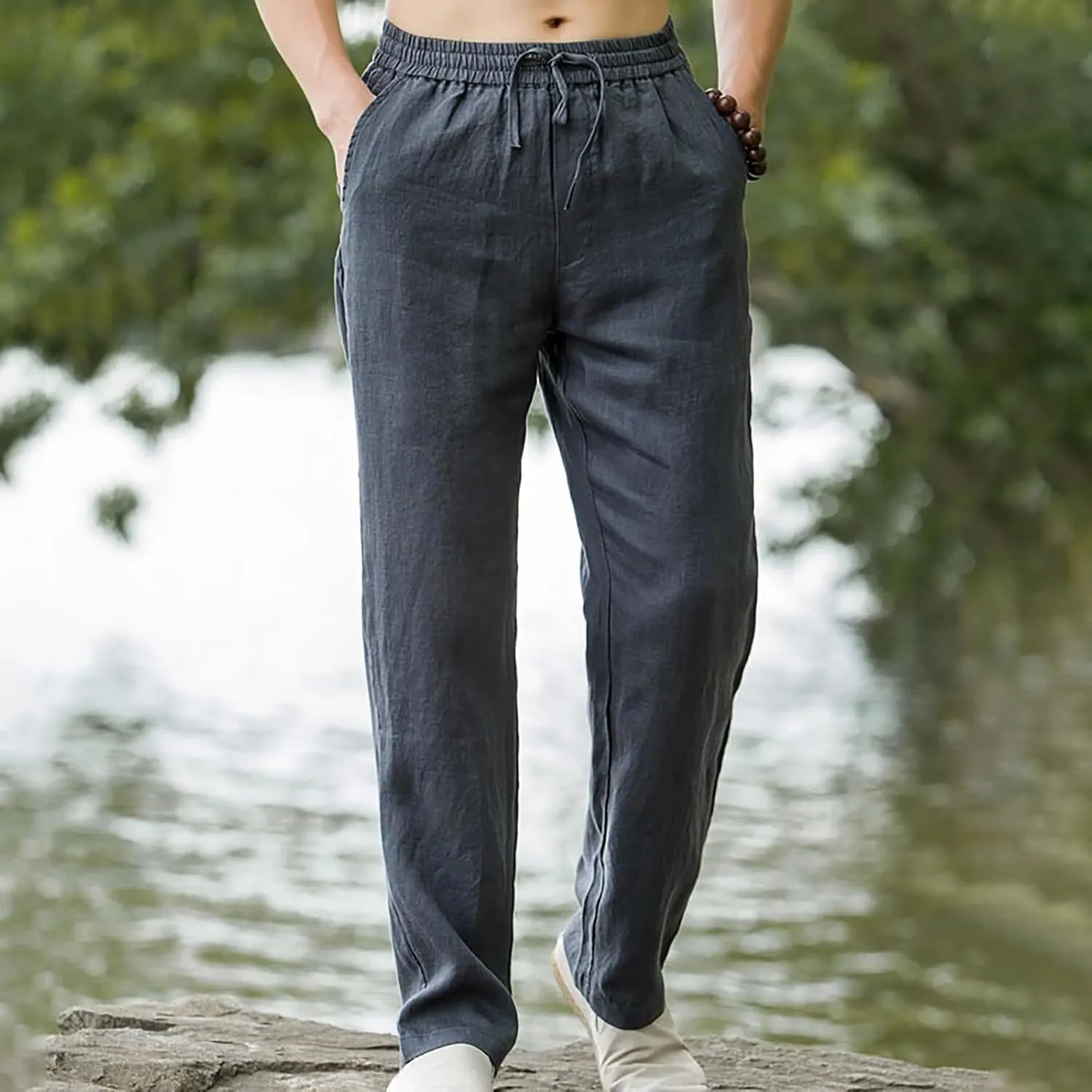 Men Casual Linen Pants Drawstring Elastic Waist Lightweight Trousers Casual Straight Leg Yoga Summer Beach Pants with Pockets