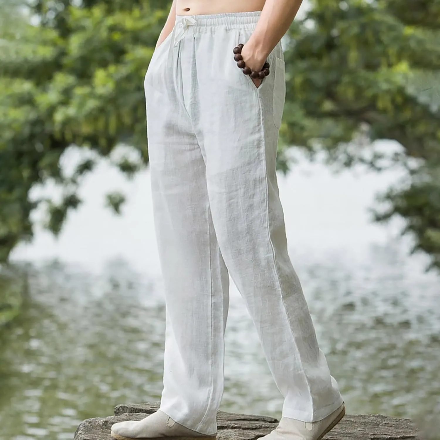 Men Casual Linen Pants Drawstring Elastic Waist Lightweight Trousers Casual Straight Leg Yoga Summer Beach Pants with Pockets