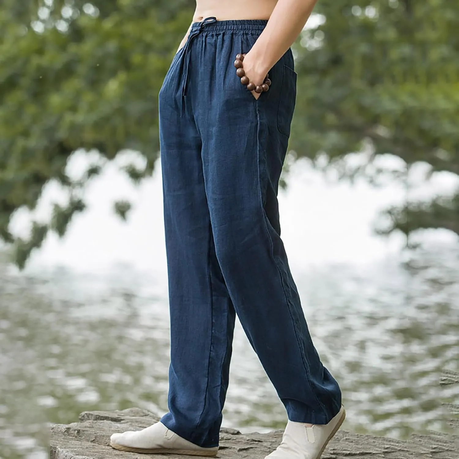 Men Casual Linen Pants Drawstring Elastic Waist Lightweight Trousers Casual Straight Leg Yoga Summer Beach Pants with Pockets