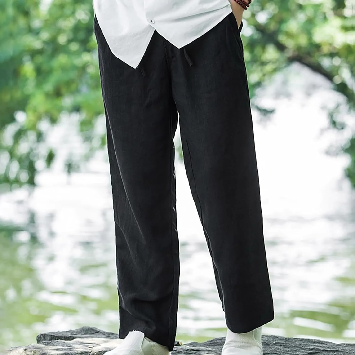 Men Casual Linen Pants Drawstring Elastic Waist Lightweight Trousers Casual Straight Leg Yoga Summer Beach Pants with Pockets