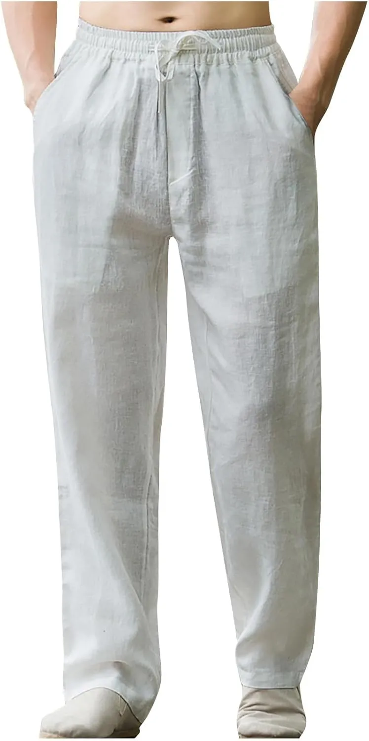 Men Casual Linen Pants Drawstring Elastic Waist Lightweight Trousers Casual Straight Leg Yoga Summer Beach Pants with Pockets