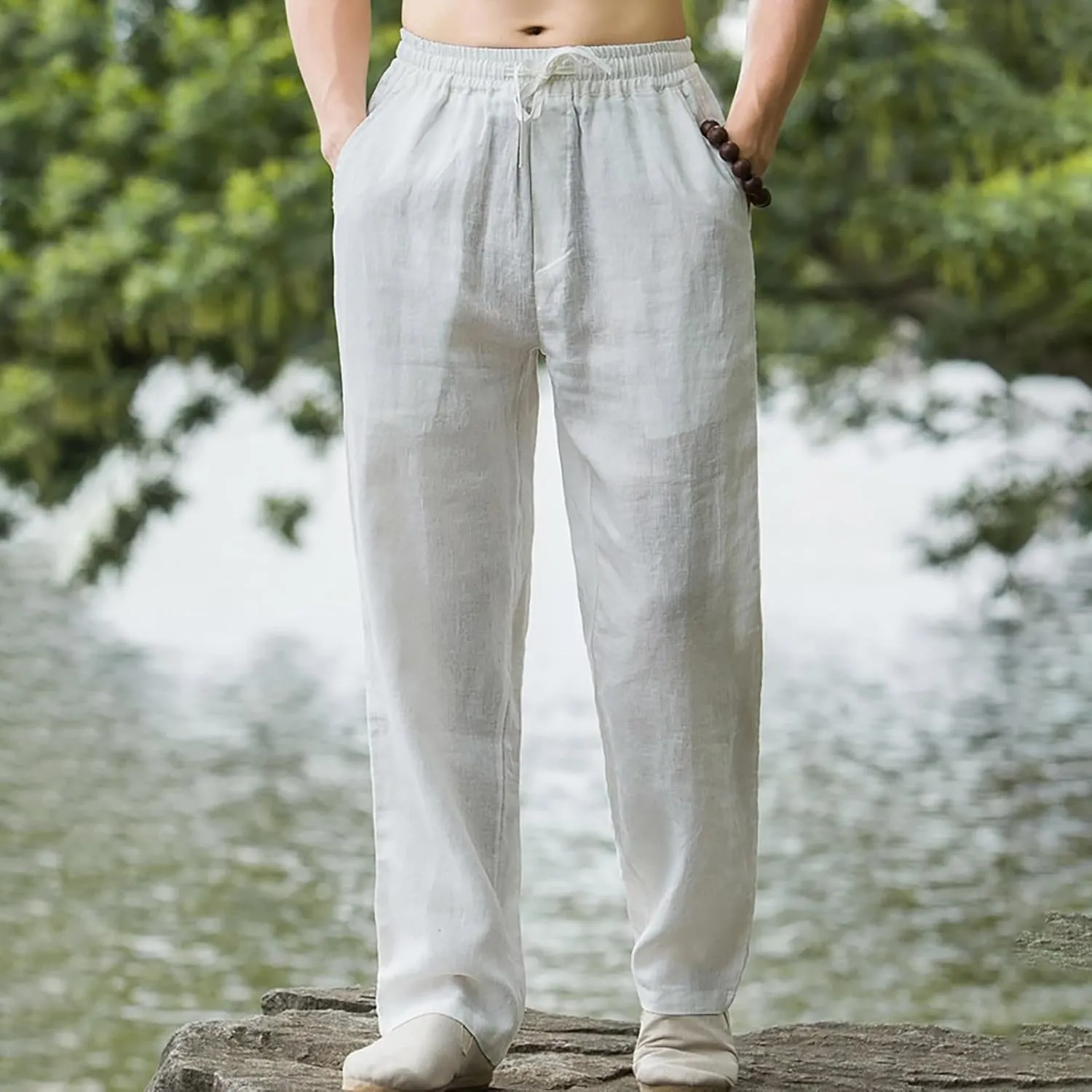 Men Casual Linen Pants Drawstring Elastic Waist Lightweight Trousers Casual Straight Leg Yoga Summer Beach Pants with Pockets