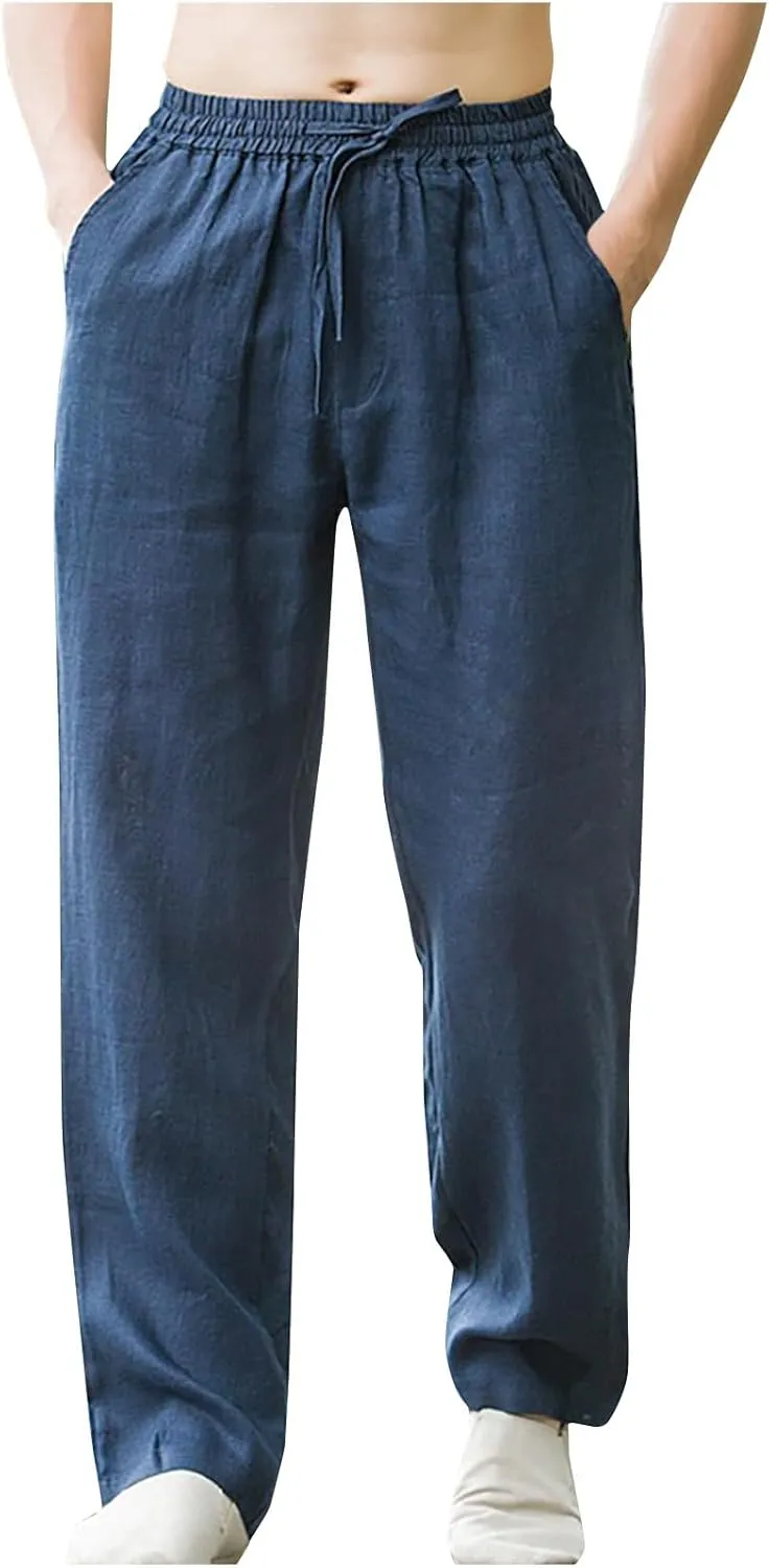 Men Casual Linen Pants Drawstring Elastic Waist Lightweight Trousers Casual Straight Leg Yoga Summer Beach Pants with Pockets