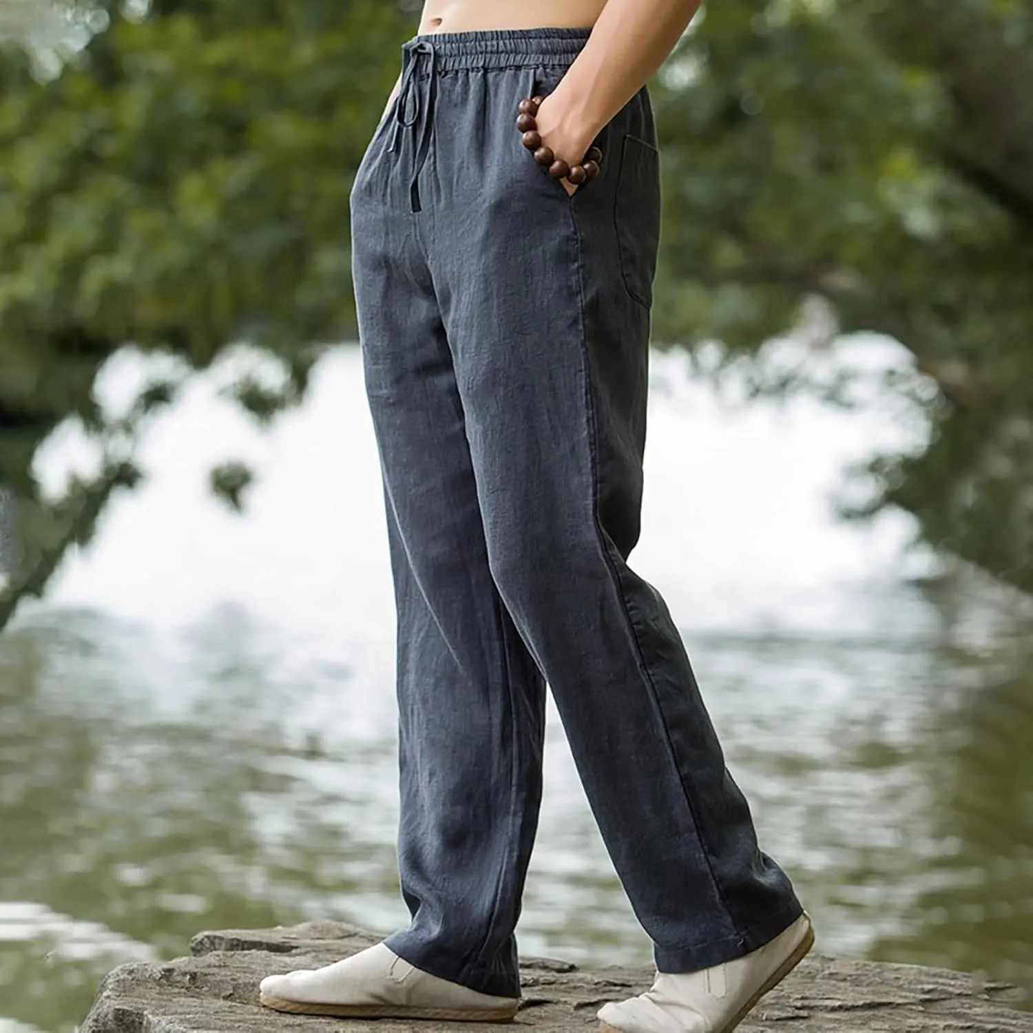 Men Casual Linen Pants Drawstring Elastic Waist Lightweight Trousers Casual Straight Leg Yoga Summer Beach Pants with Pockets