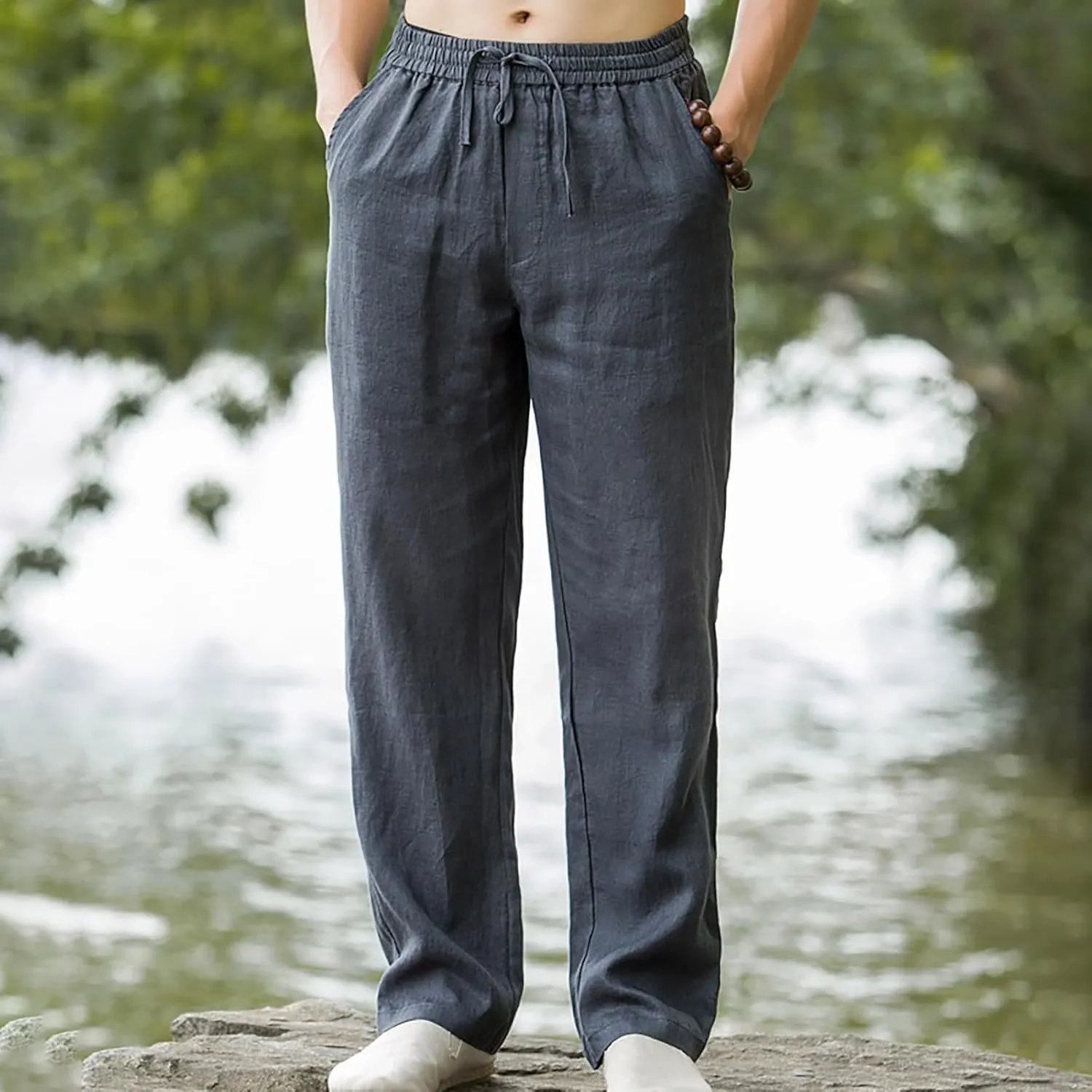 Men Casual Linen Pants Drawstring Elastic Waist Lightweight Trousers Casual Straight Leg Yoga Summer Beach Pants with Pockets