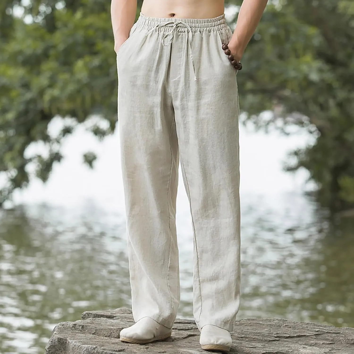 Men Casual Linen Pants Drawstring Elastic Waist Lightweight Trousers Casual Straight Leg Yoga Summer Beach Pants with Pockets