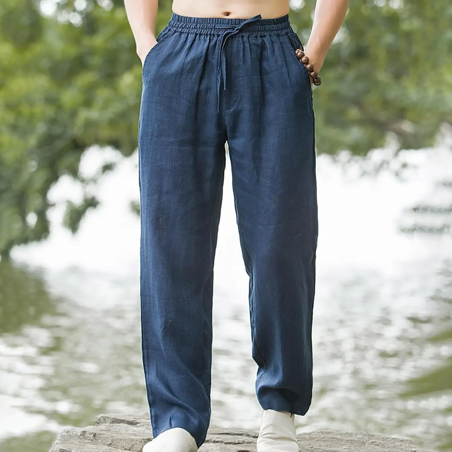 Men Casual Linen Pants Drawstring Elastic Waist Lightweight Trousers Casual Straight Leg Yoga Summer Beach Pants with Pockets
