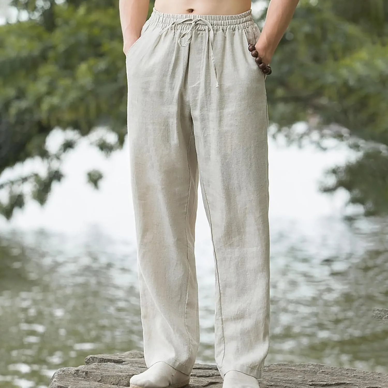 Men Casual Linen Pants Drawstring Elastic Waist Lightweight Trousers Casual Straight Leg Yoga Summer Beach Pants with Pockets