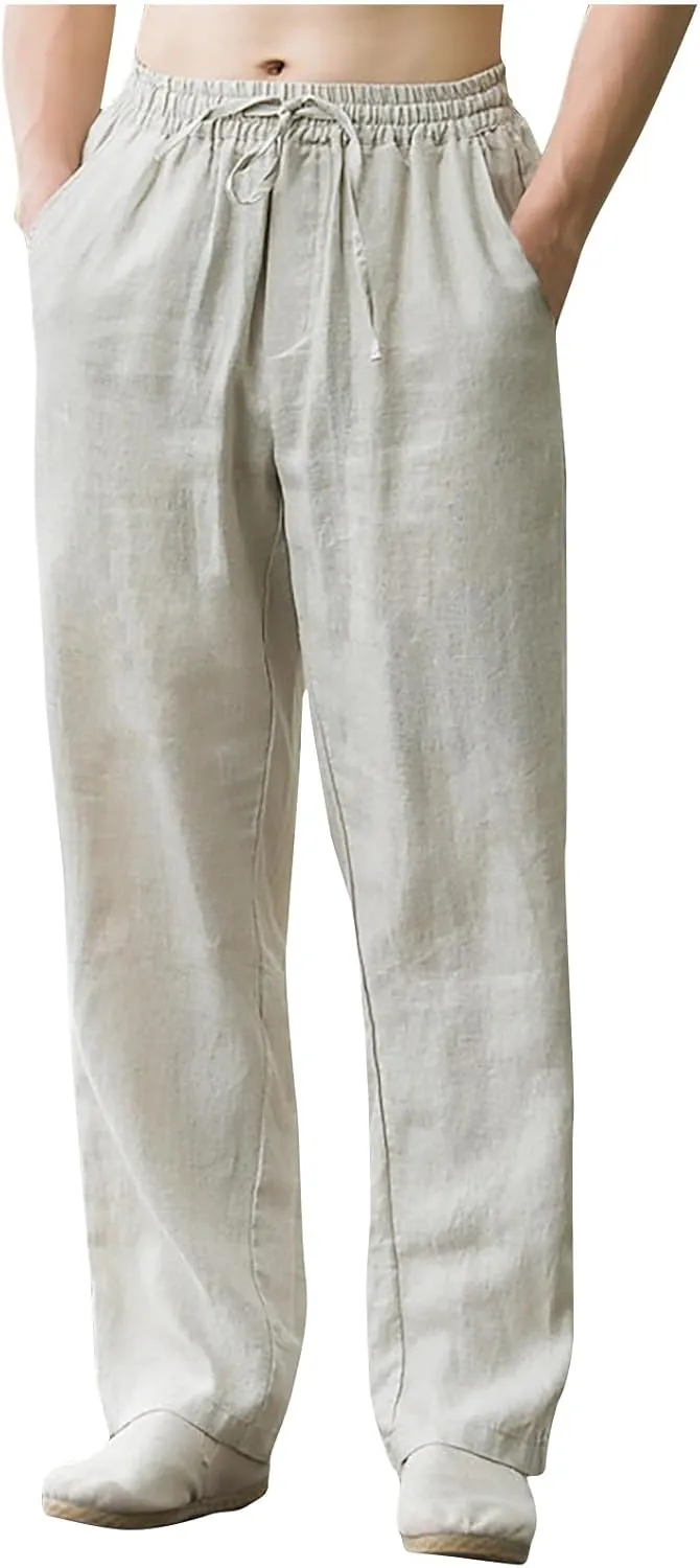 Men Casual Linen Pants Drawstring Elastic Waist Lightweight Trousers Casual Straight Leg Yoga Summer Beach Pants with Pockets