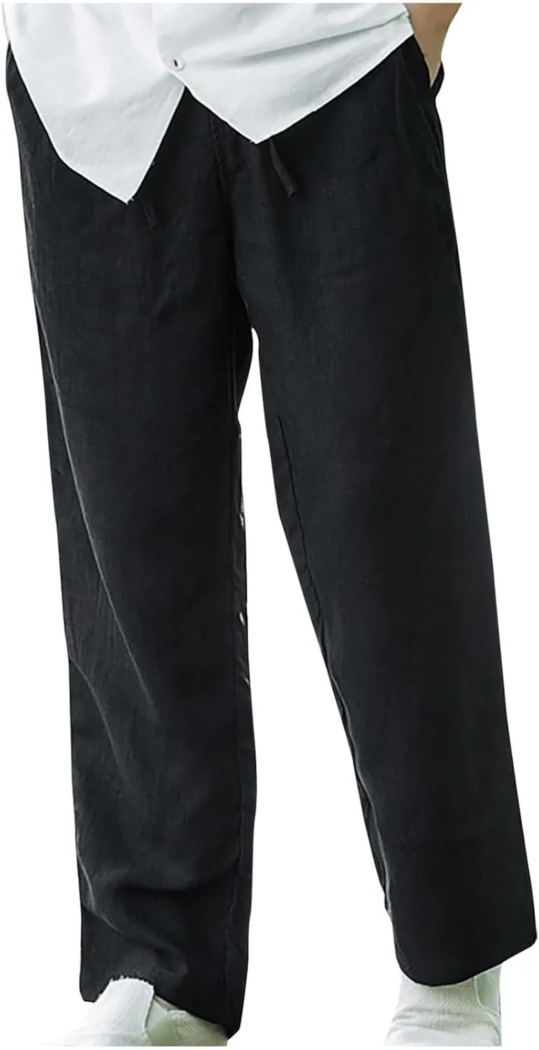 Men Casual Linen Pants Drawstring Elastic Waist Lightweight Trousers Casual Straight Leg Yoga Summer Beach Pants with Pockets