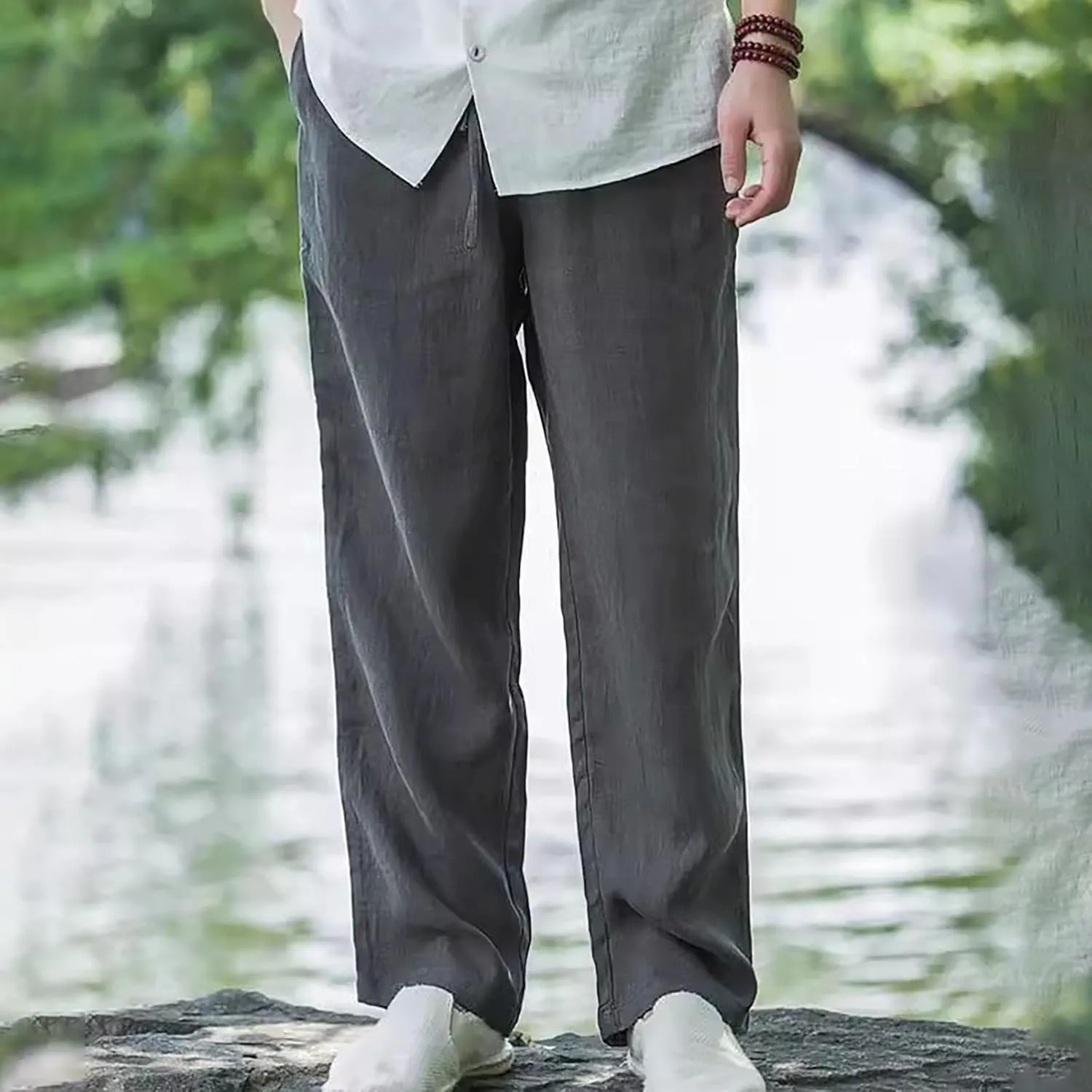 Men Casual Linen Pants Drawstring Elastic Waist Lightweight Trousers Casual Straight Leg Yoga Summer Beach Pants with Pockets